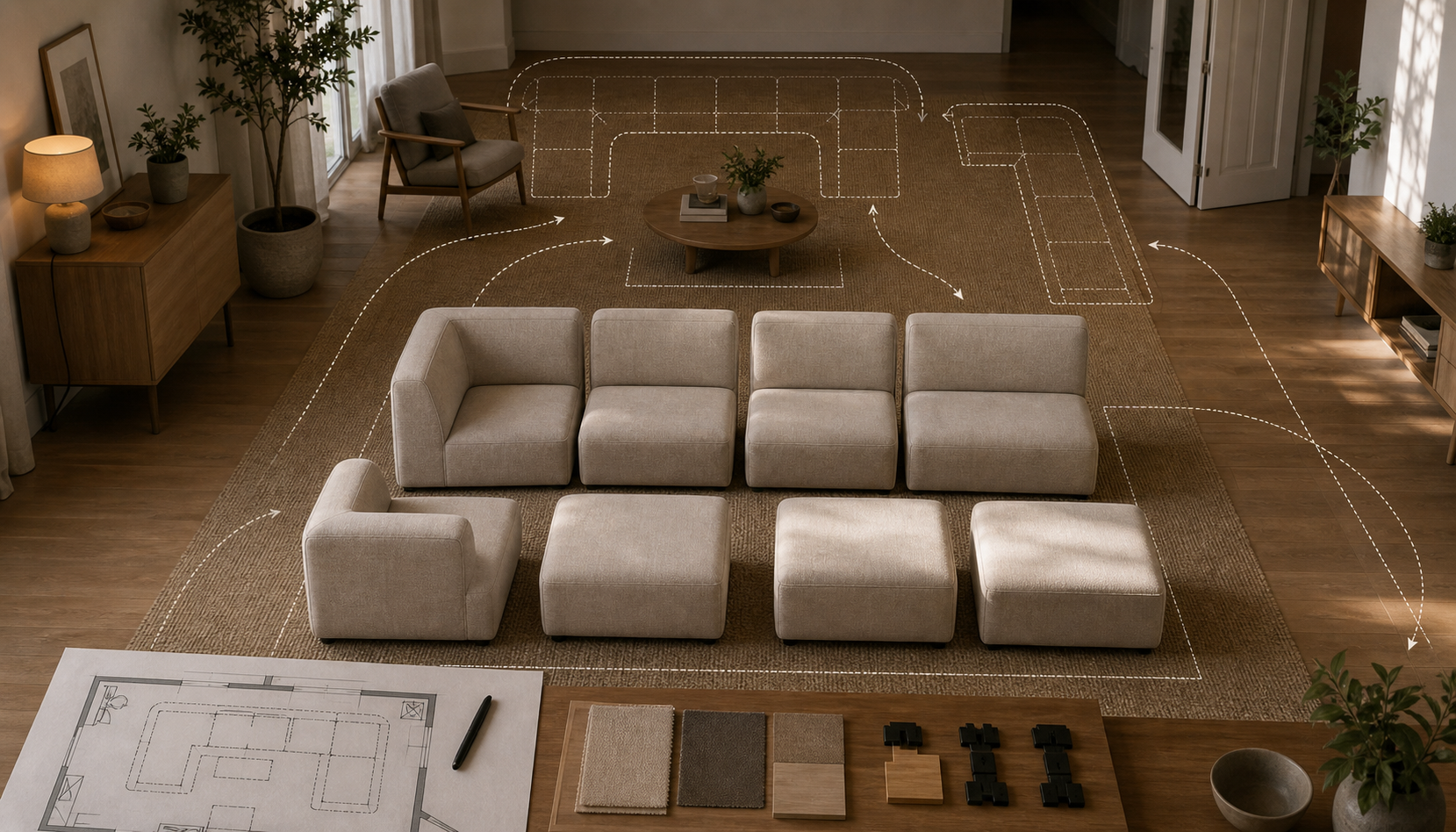 Editorial furniture-planning image for 8 piece sectional sofa