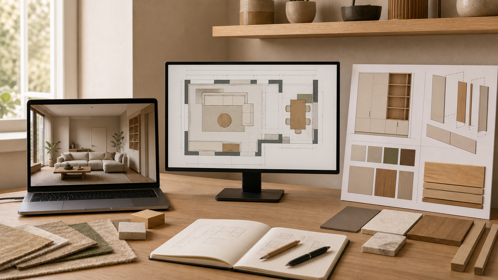Interior design workflow comparing AI room imagery, measured plans, and buildable panels