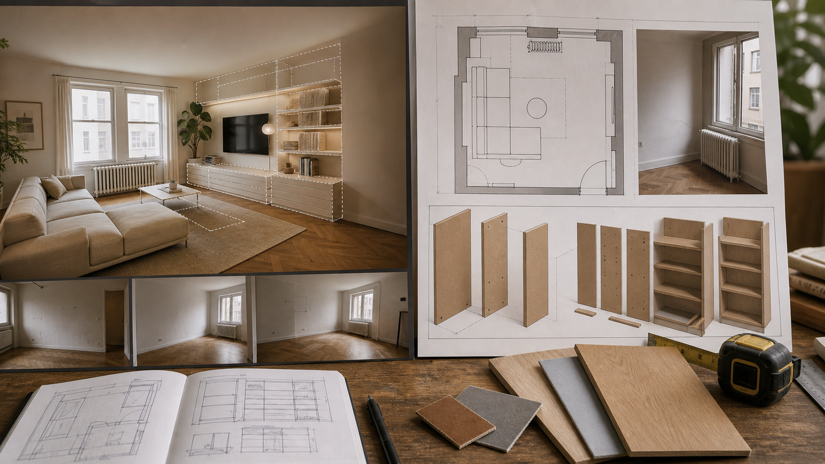 AI-generated room image compared with a measured room plan and buildable panel samples