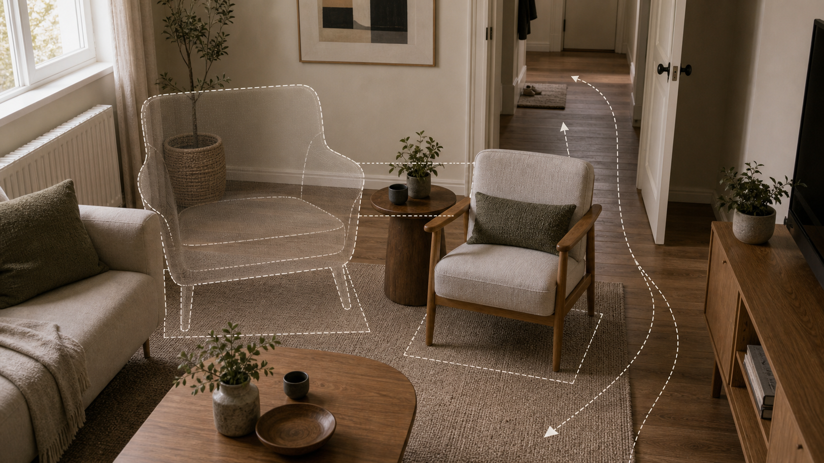 Editorial furniture-planning image for apartment chairs