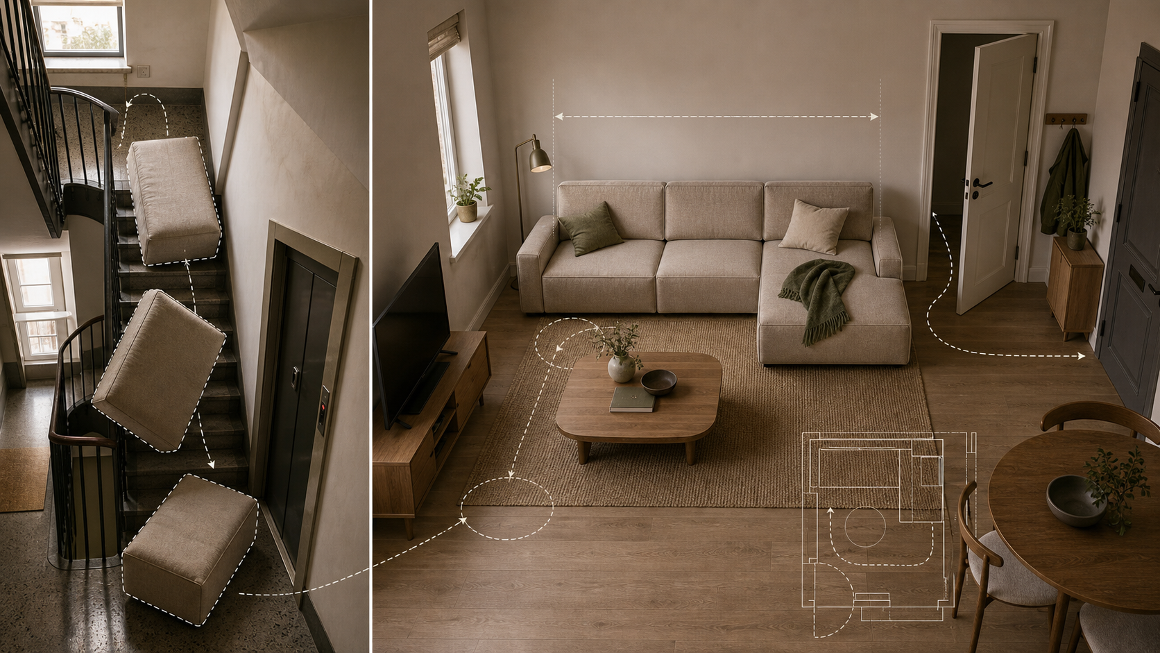 Editorial furniture-planning image for apartment size sectional sofa