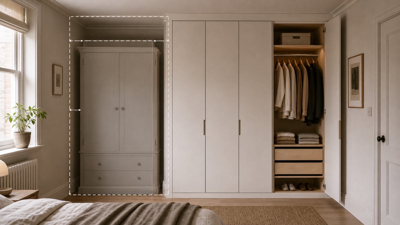 Editorial furniture-planning image for bedroom cupboard