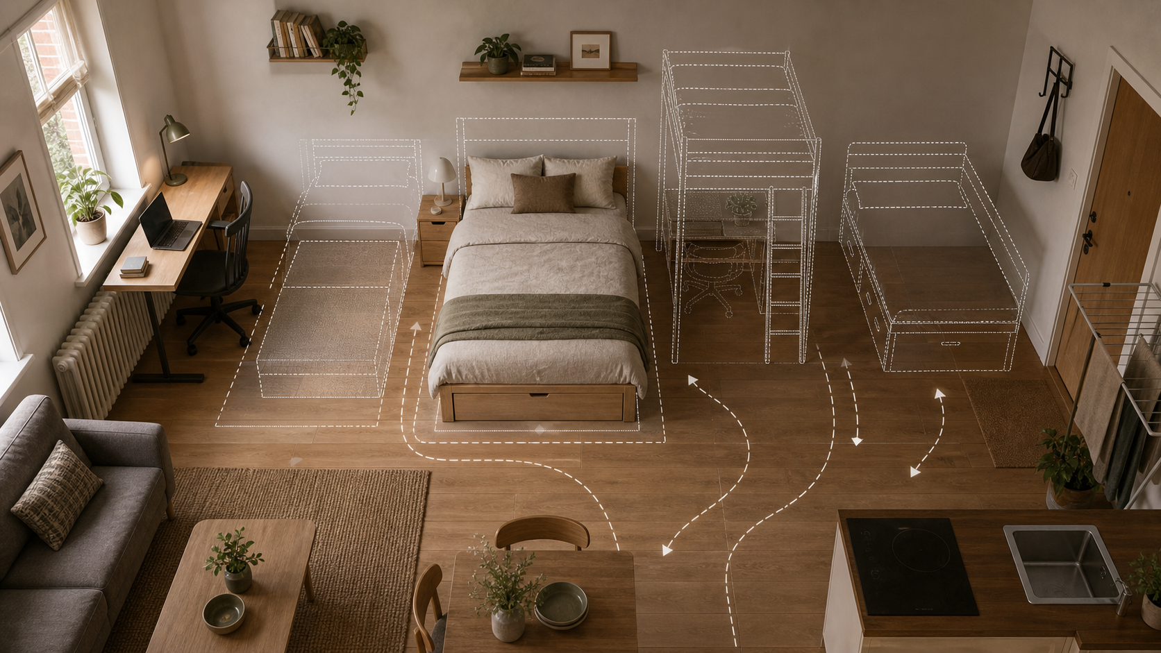 Editorial furniture-planning image for beds for studio apartments