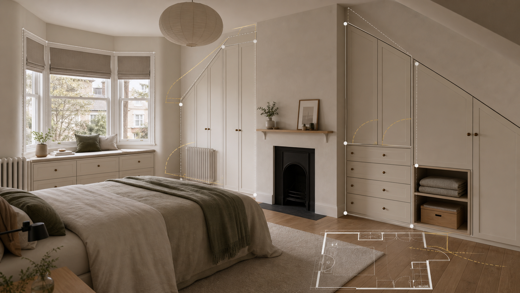 Editorial furniture-planning image for bespoke bedrooms