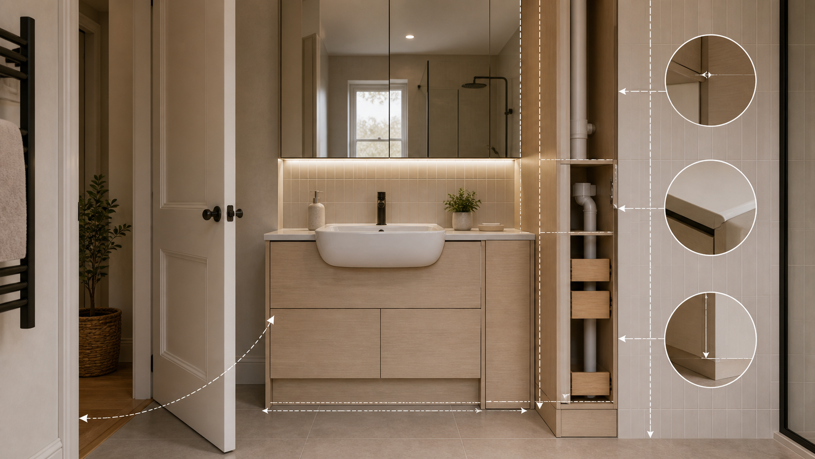 Editorial furniture-planning image for built in bathroom cabinets