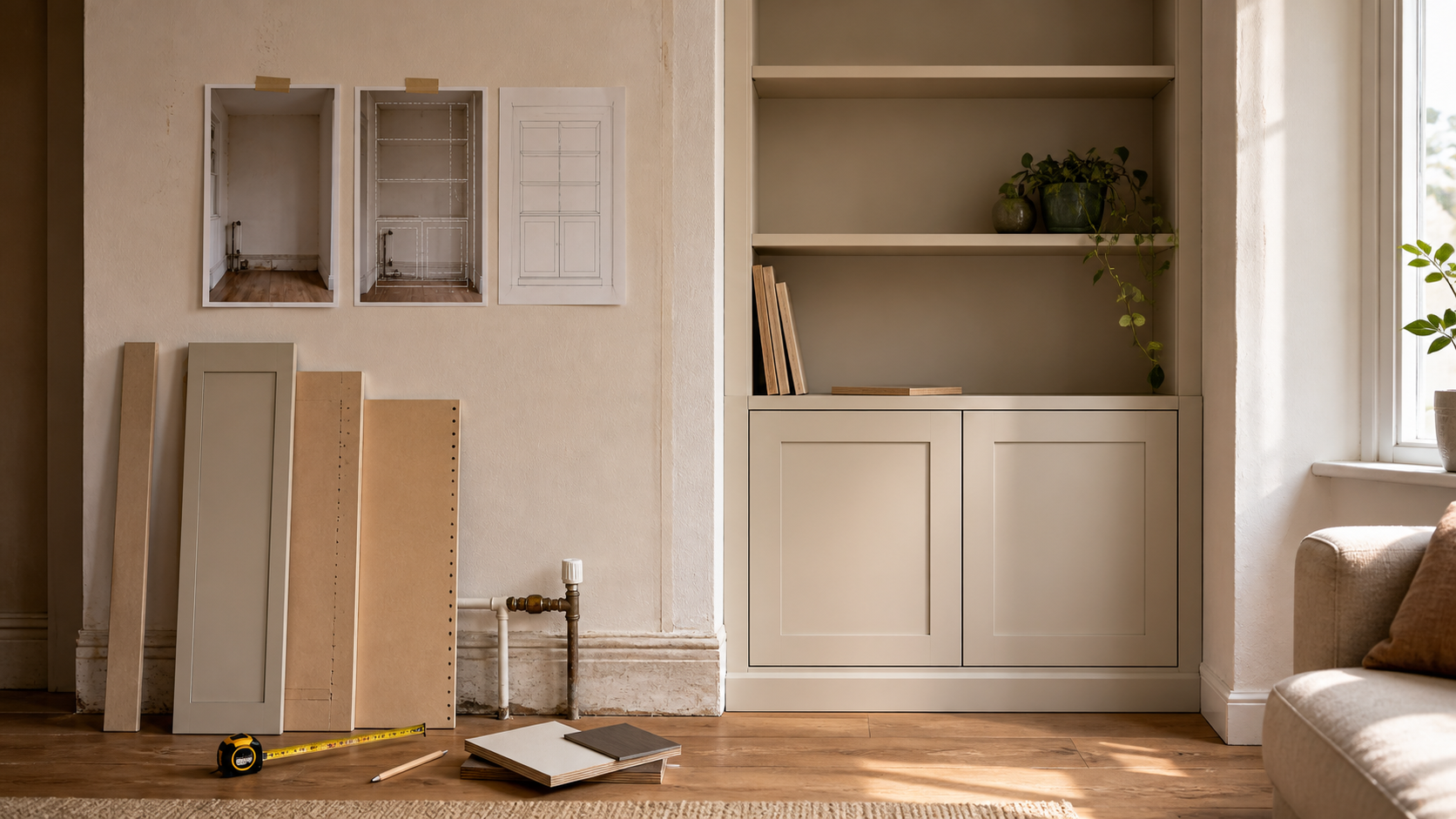 Built-in cabinet project shown from measured alcove to finished installation