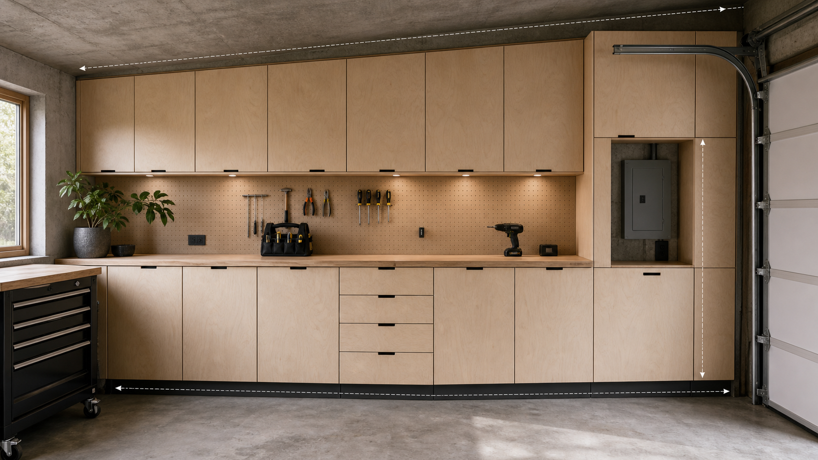 Editorial furniture-planning image for built in garage cabinets