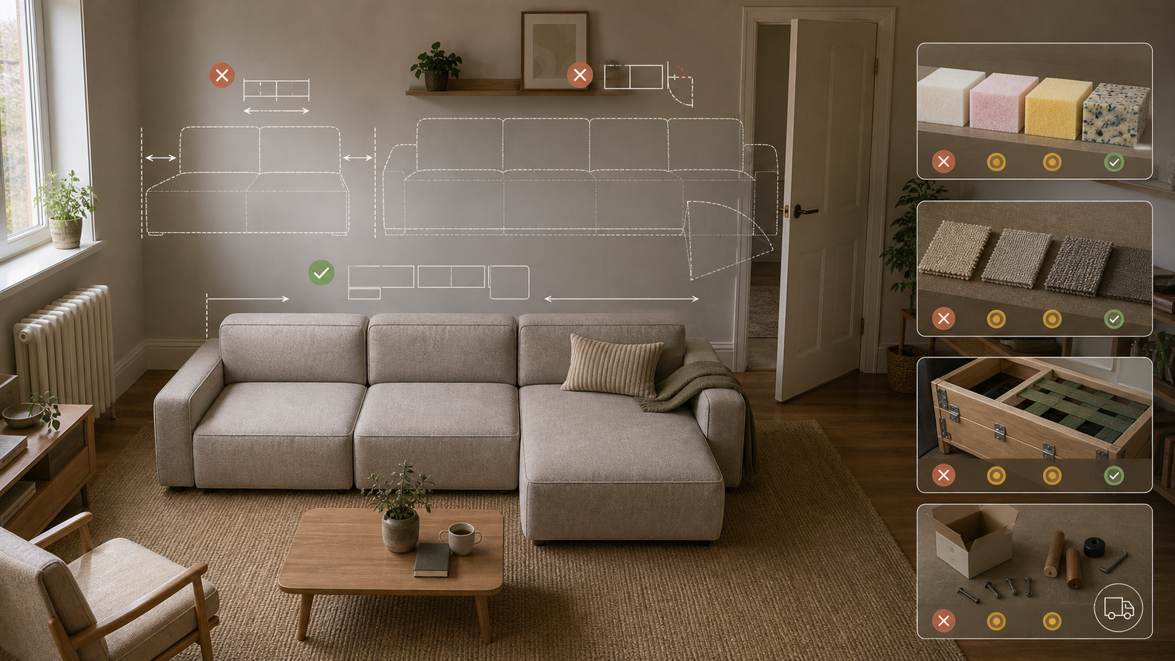 Editorial furniture-planning image for cheap modular sofa