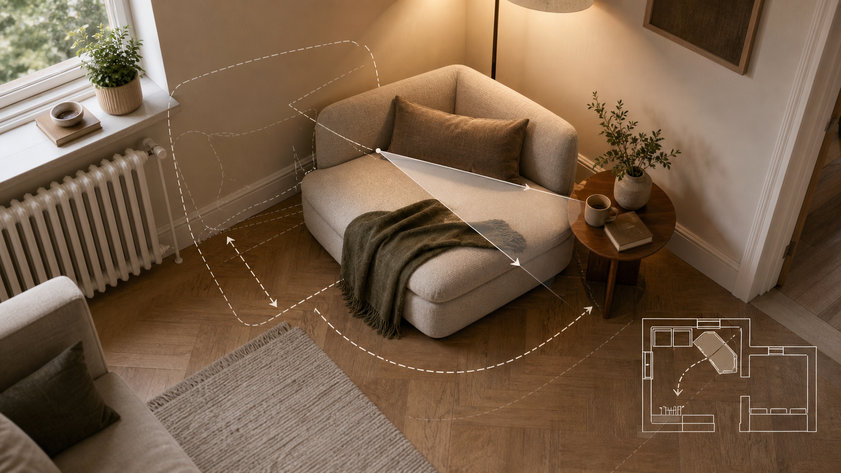 Editorial furniture-planning image for corner lounge chair