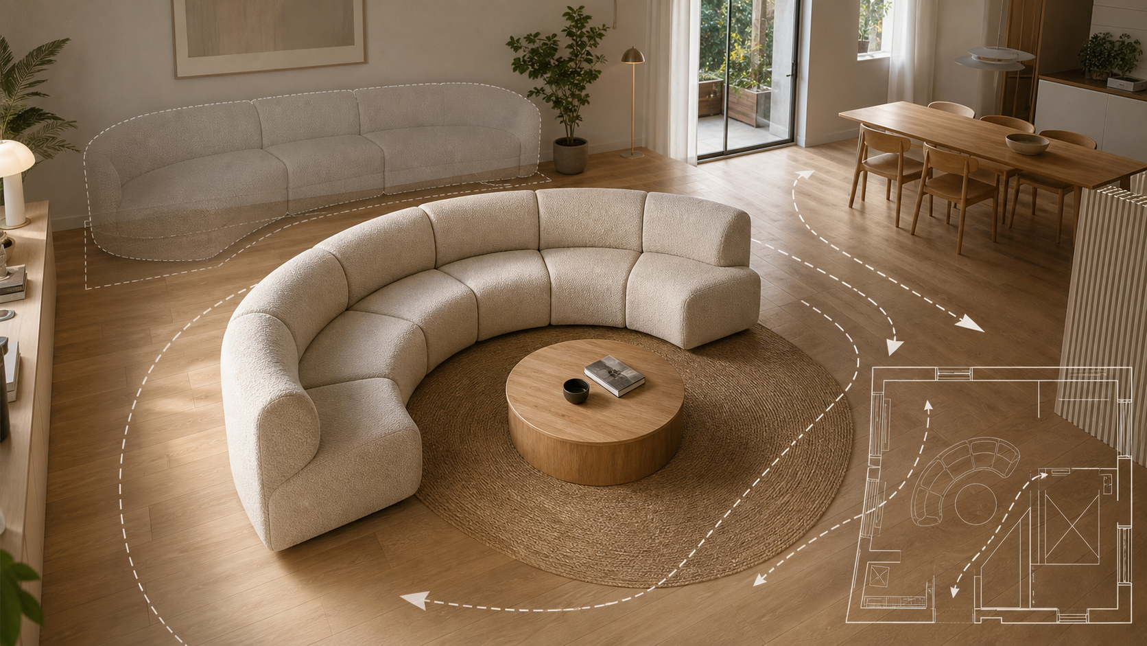 Curved modular sofa planned around a round coffee table and walking paths
