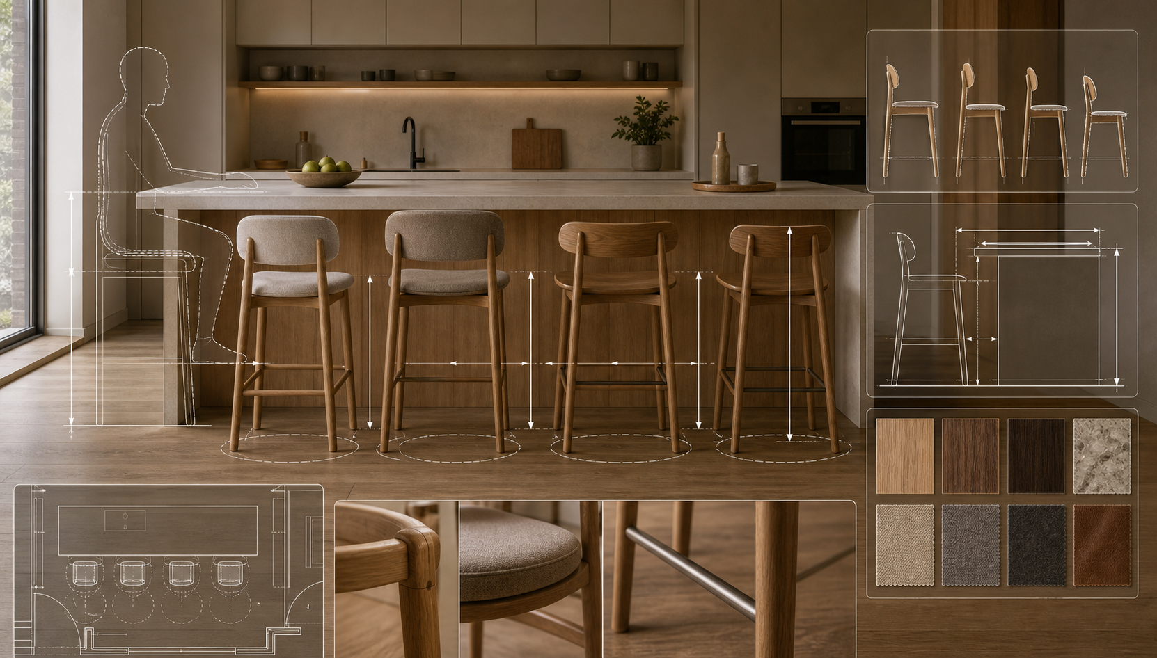 Editorial furniture-planning image for custom bar stools