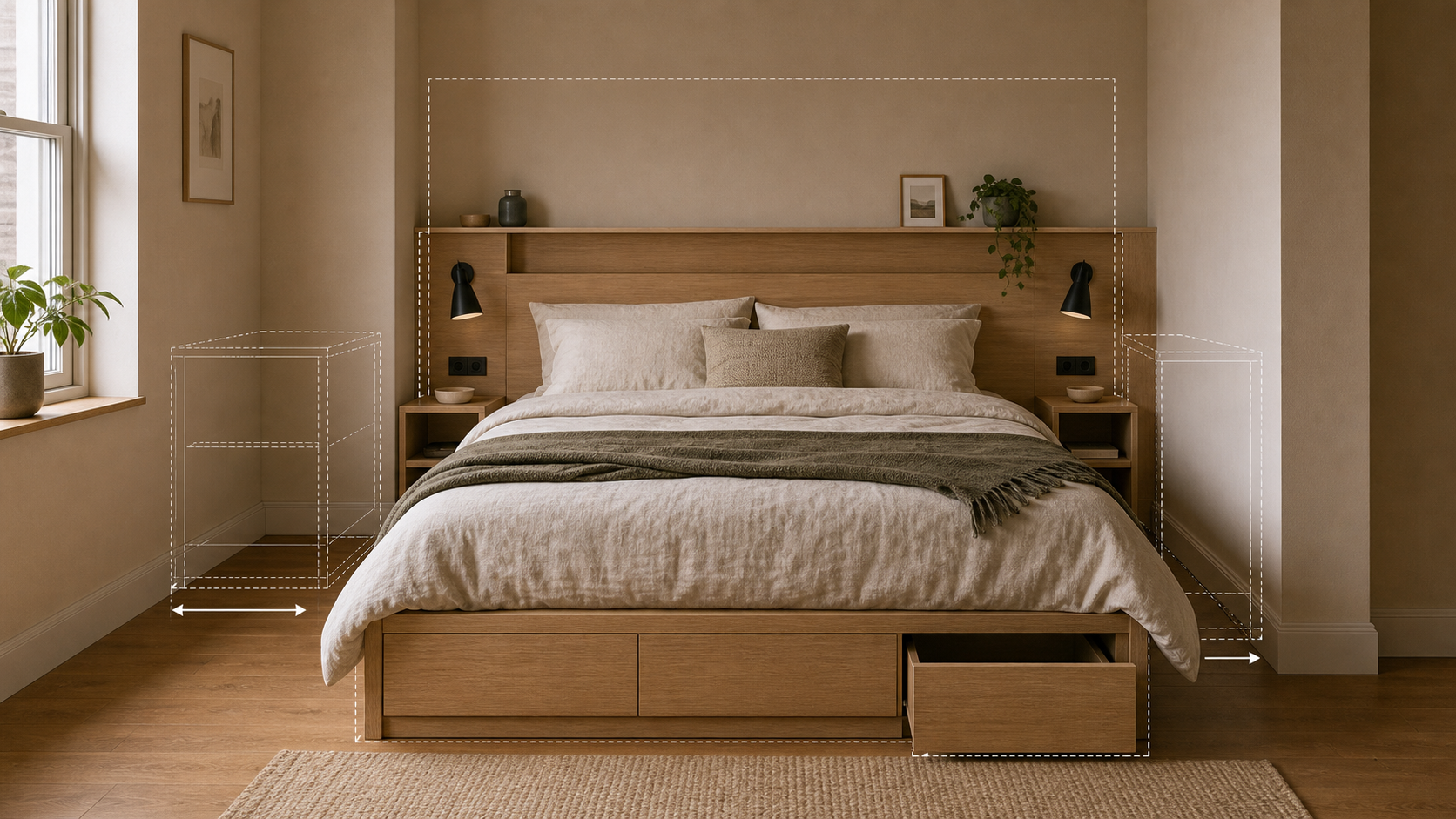 Custom bed and headboard fitted into an awkward bedroom alcove