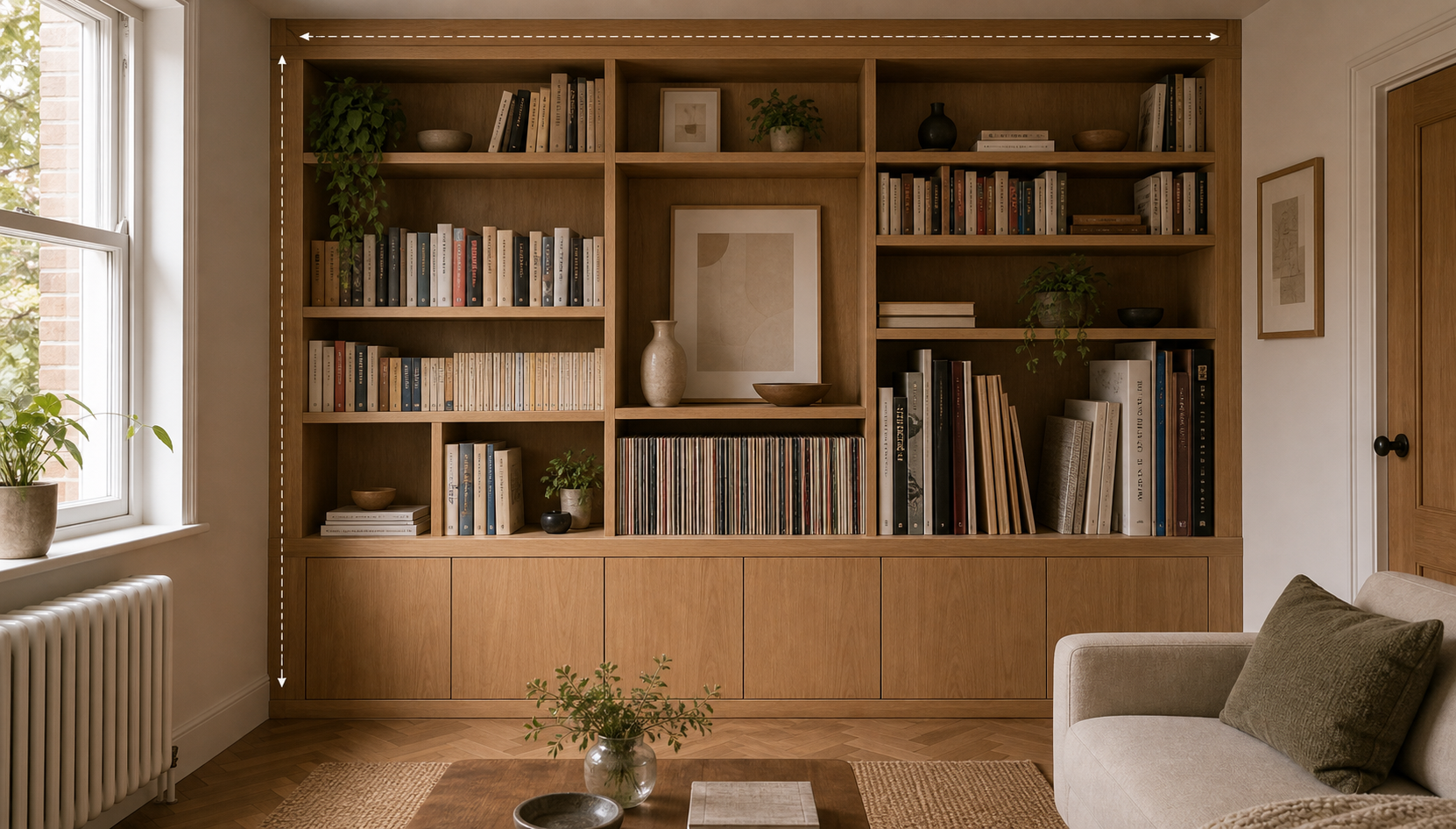 Editorial furniture-planning image for custom bookcases
