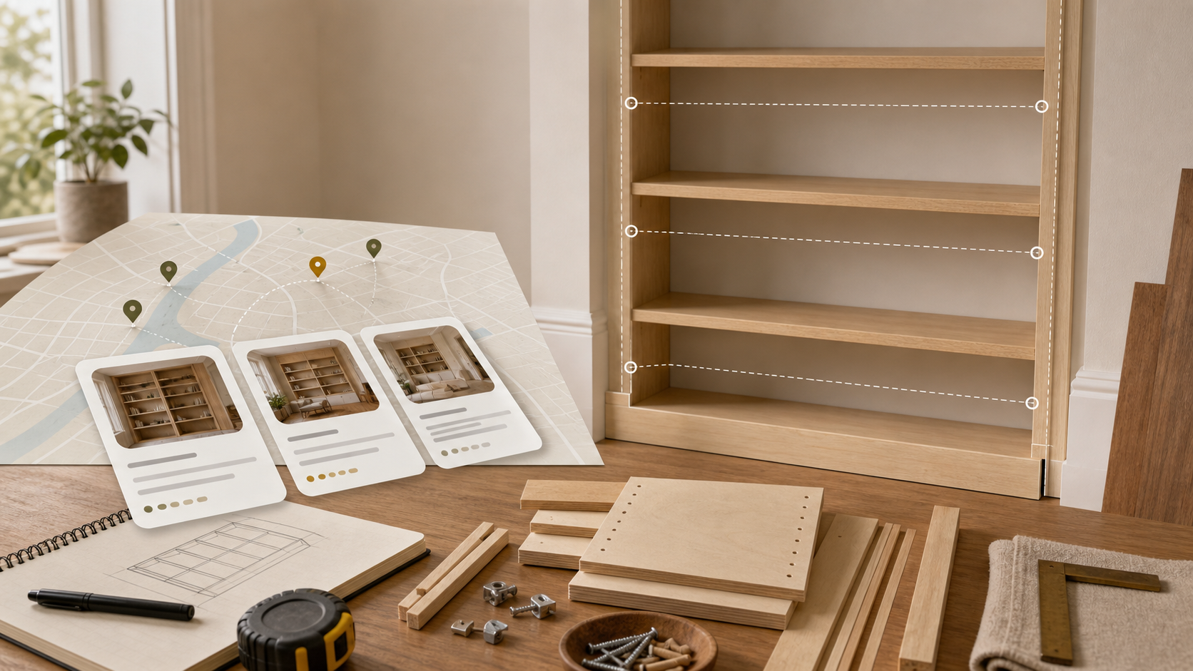 Editorial furniture-planning image for custom bookshelves near me