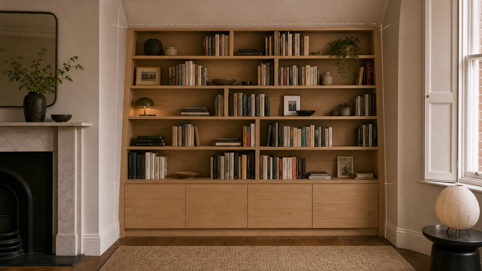 Custom bookshelves scribed into an uneven chimney-breast alcove