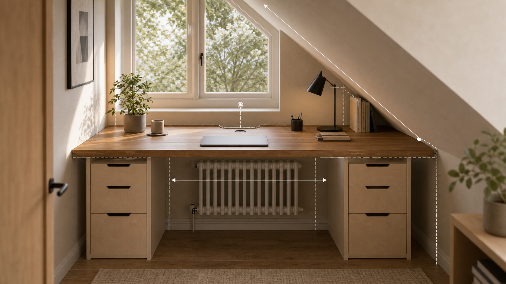 Editorial furniture-planning image for custom built desk