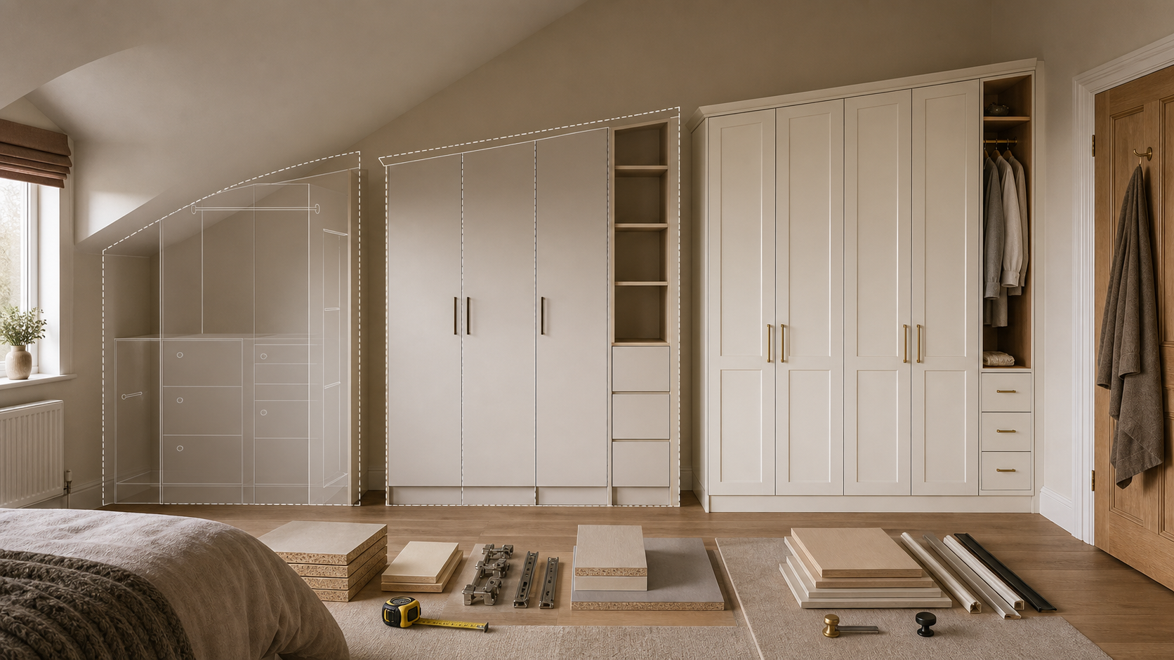 Custom built wardrobes planned for a sloped bedroom wall with material layers