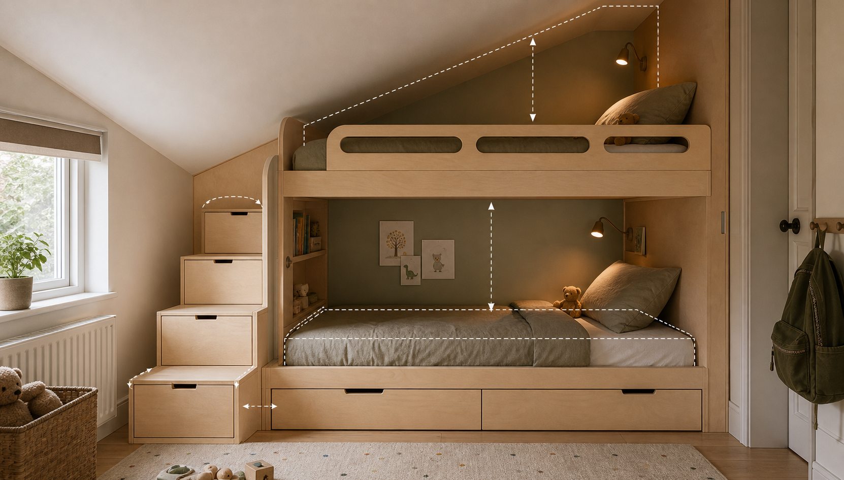Editorial furniture-planning image for custom bunk beds
