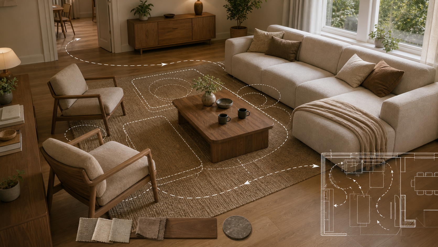 Editorial furniture-planning image for custom coffee table