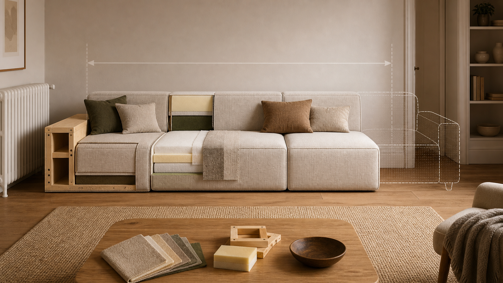 Custom couch fitted around a radiator with upholstery and frame details