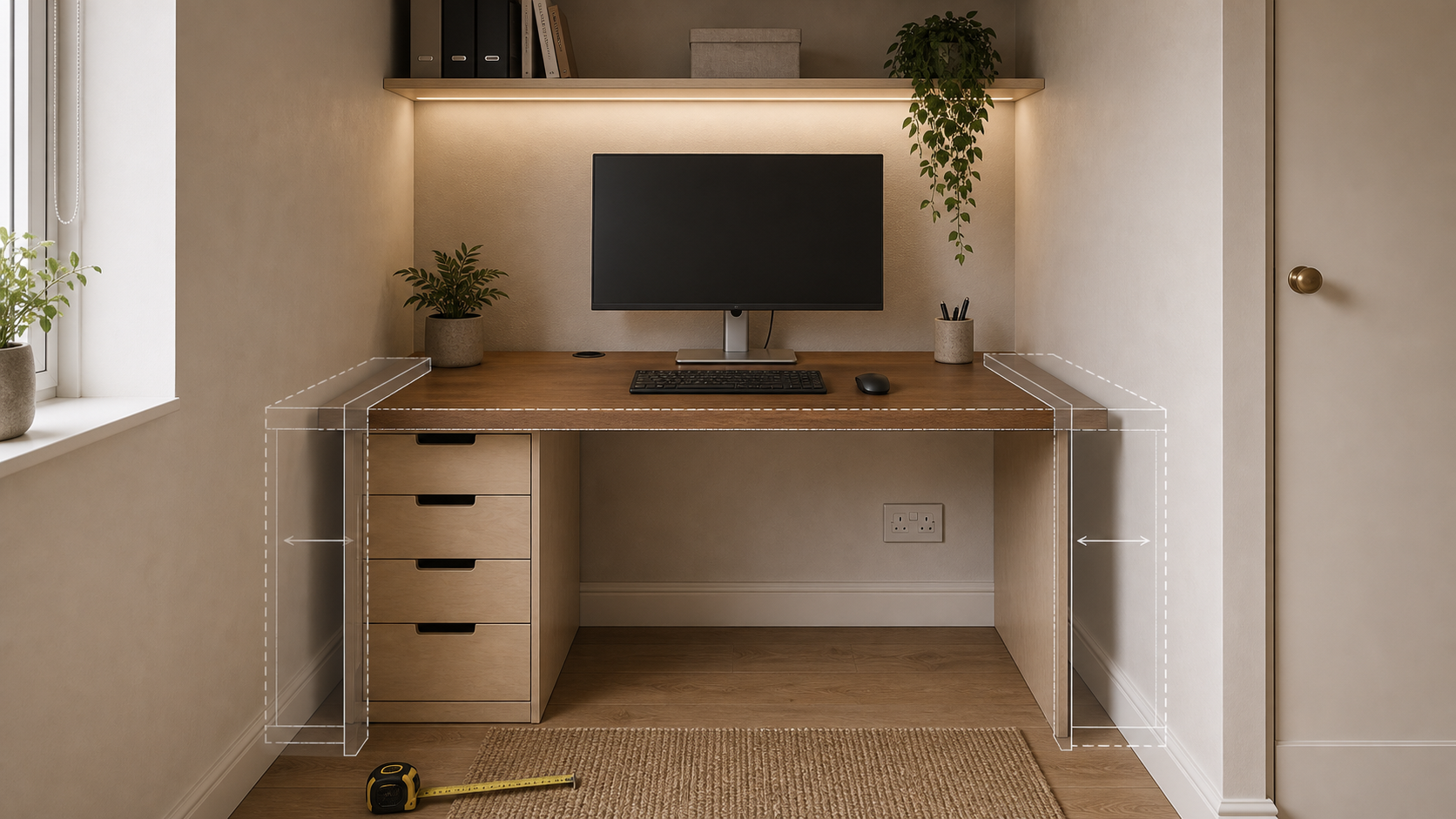 Custom desk fitted exactly into a narrow home office alcove