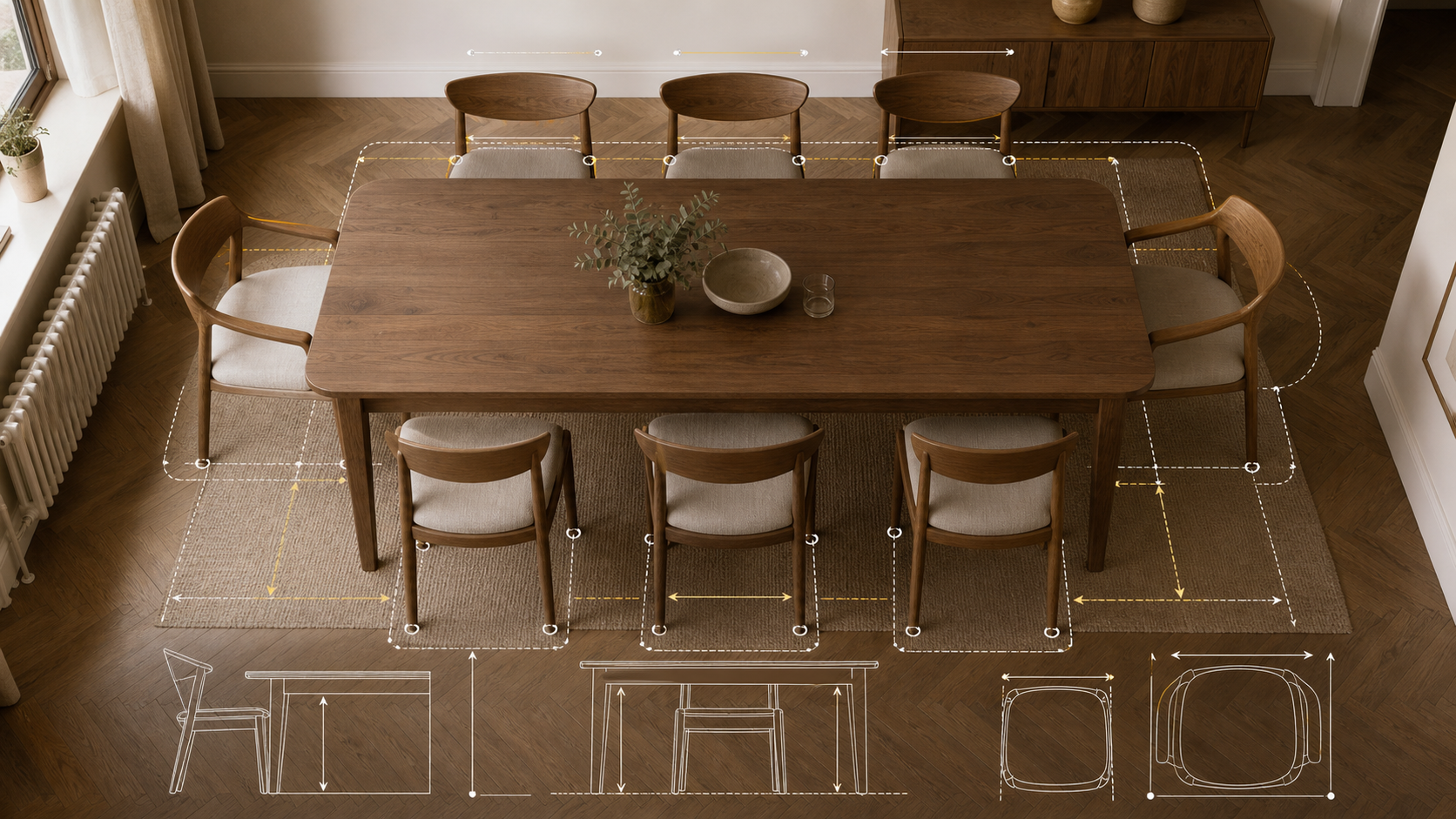 Editorial furniture-planning image for custom dining chairs