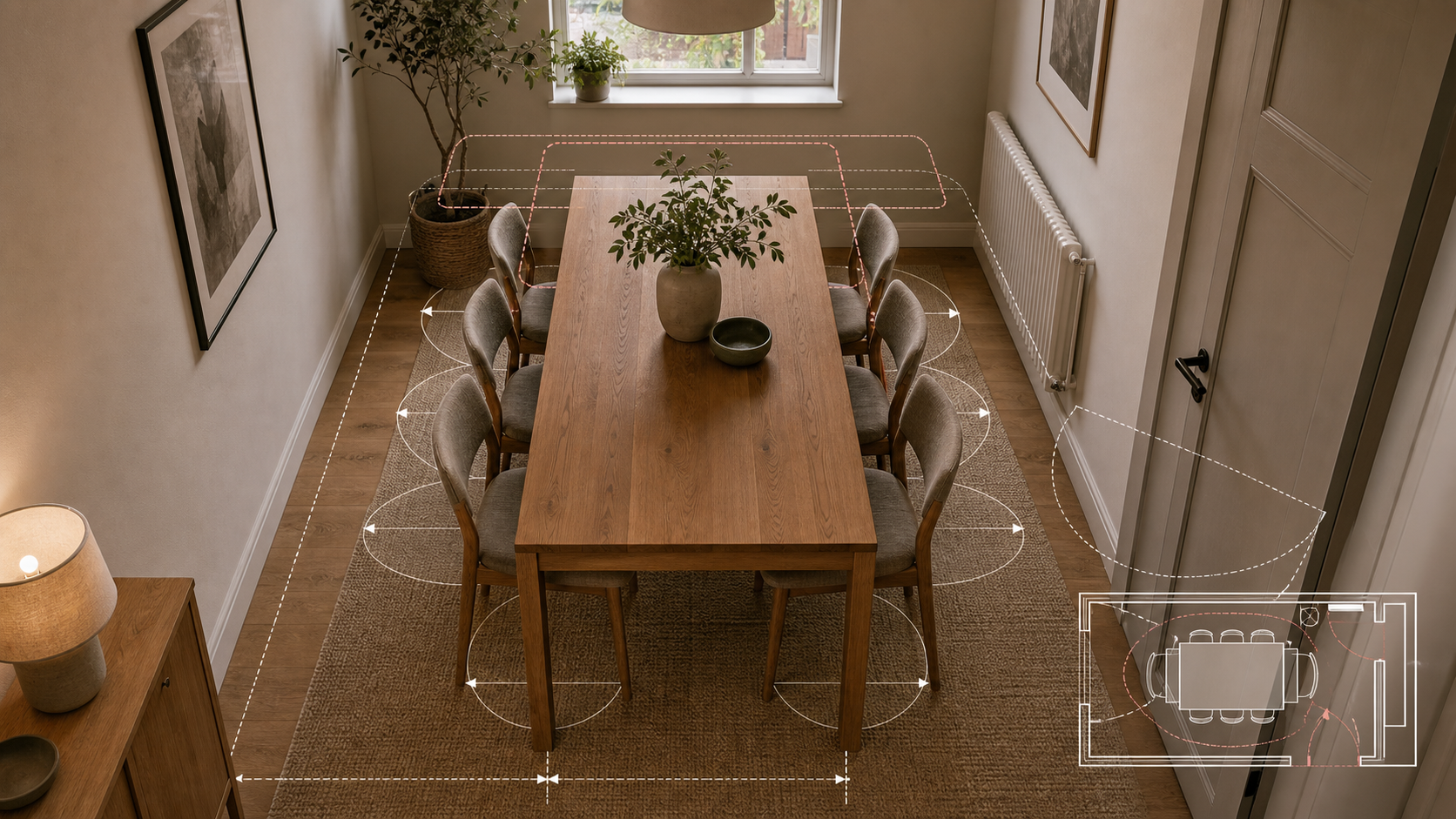 Custom dining table planned around chair clearance, radiator, and door swing