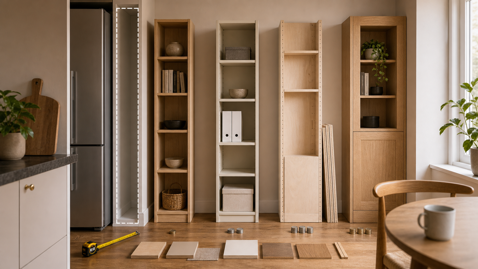 Custom furniture options for an awkward kitchen gap beside a fridge