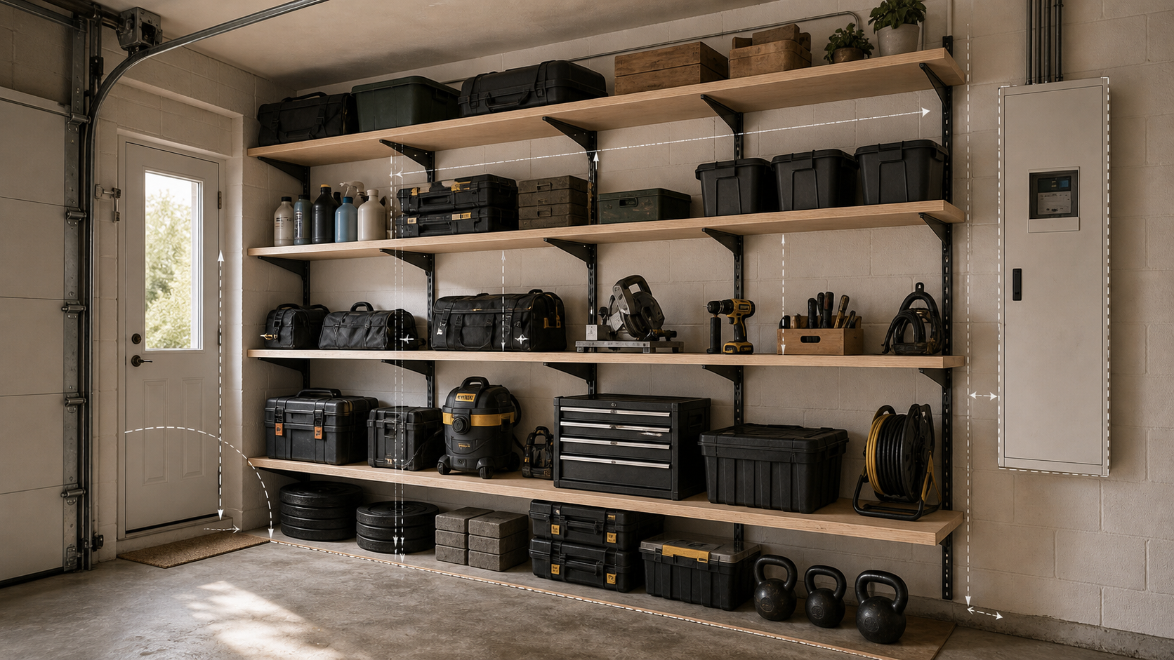 Editorial furniture-planning image for custom garage shelving