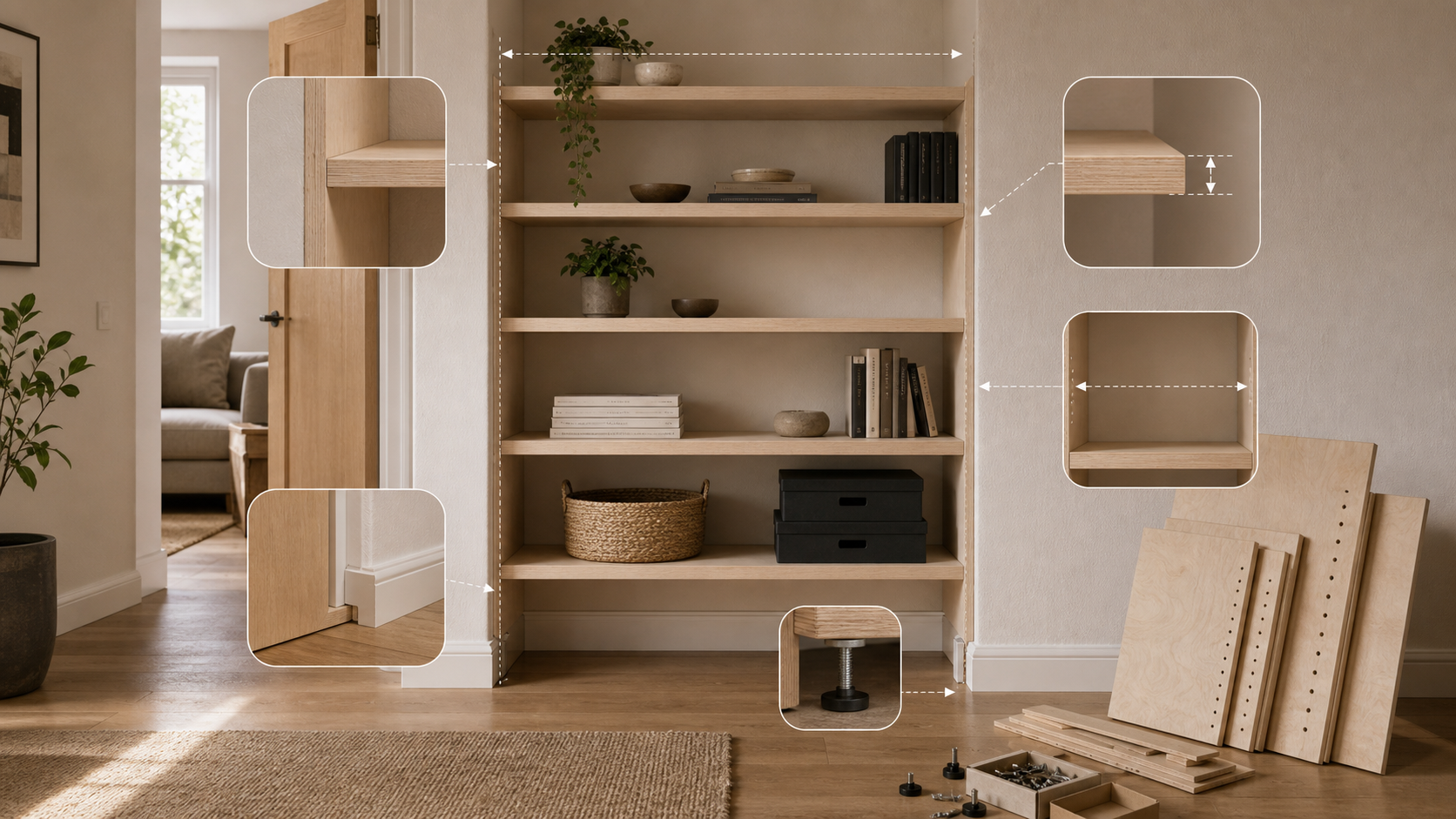 Editorial furniture-planning image for custom made shelves