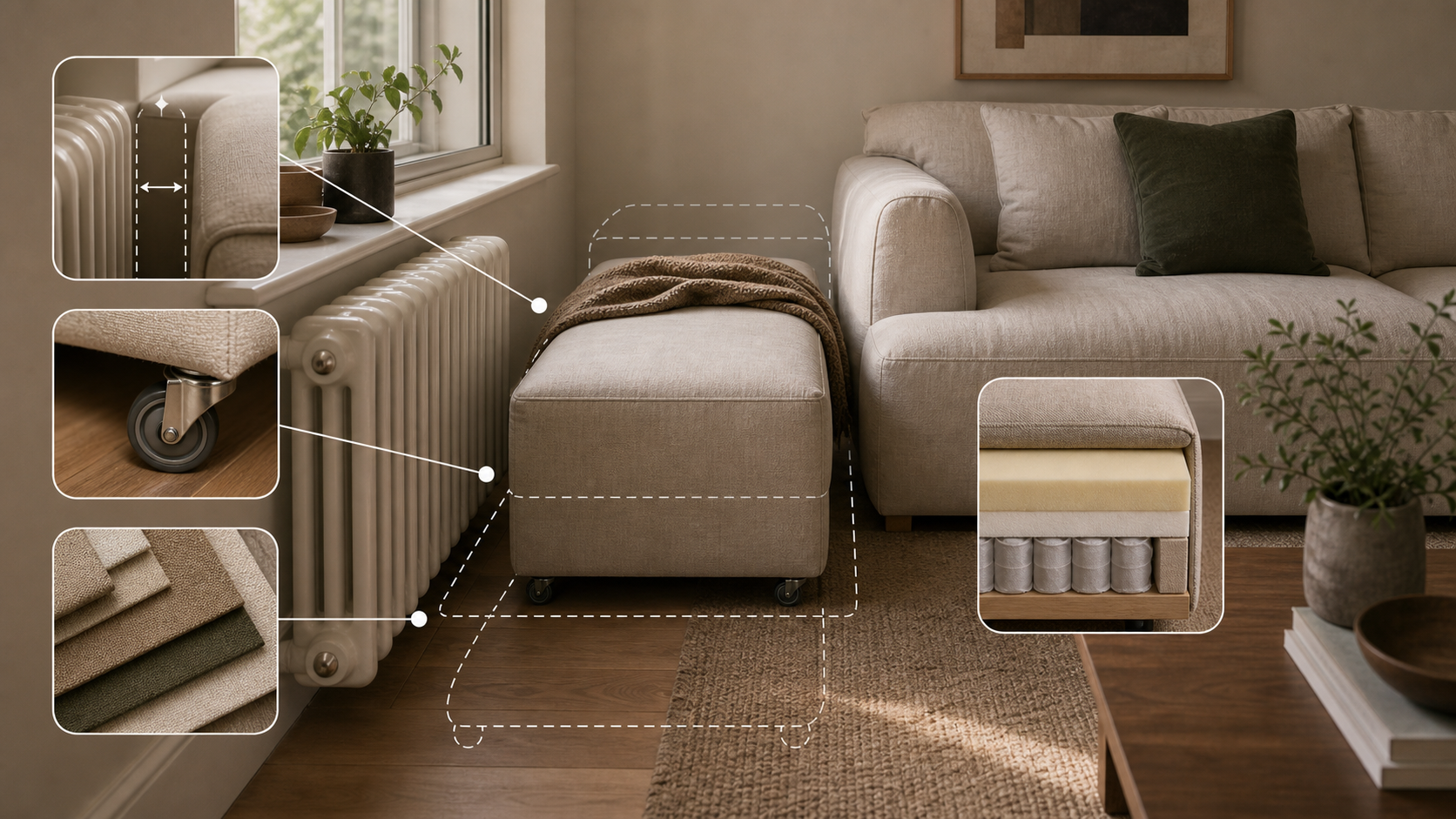 Editorial furniture-planning image for custom ottoman