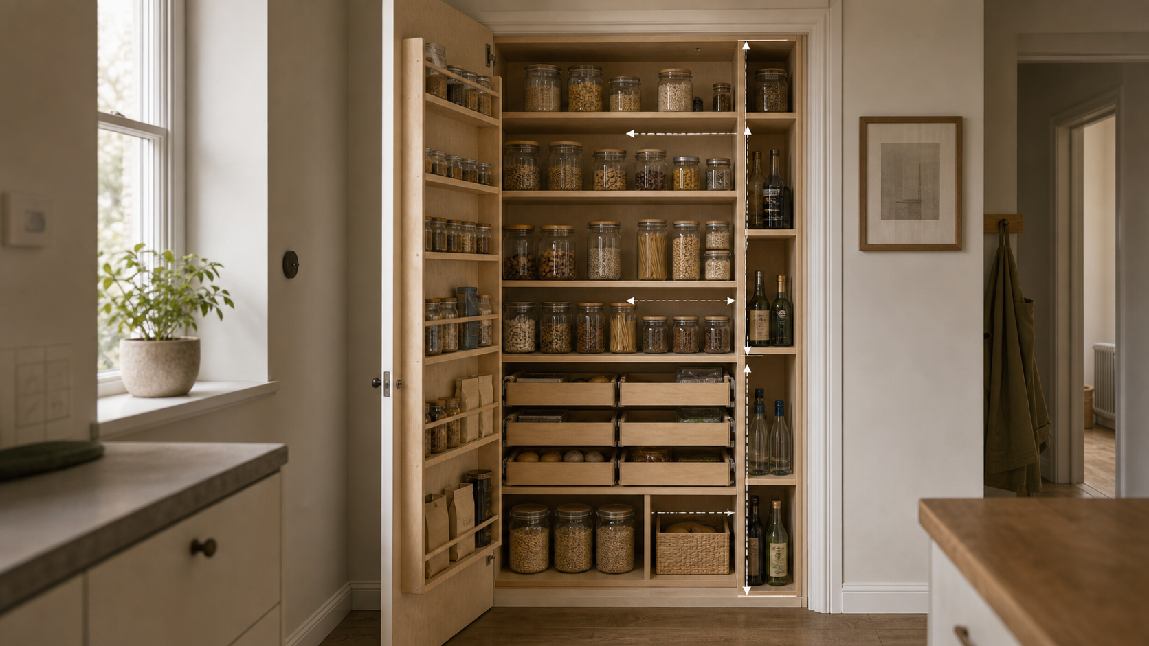 Editorial furniture-planning image for custom pantry shelving
