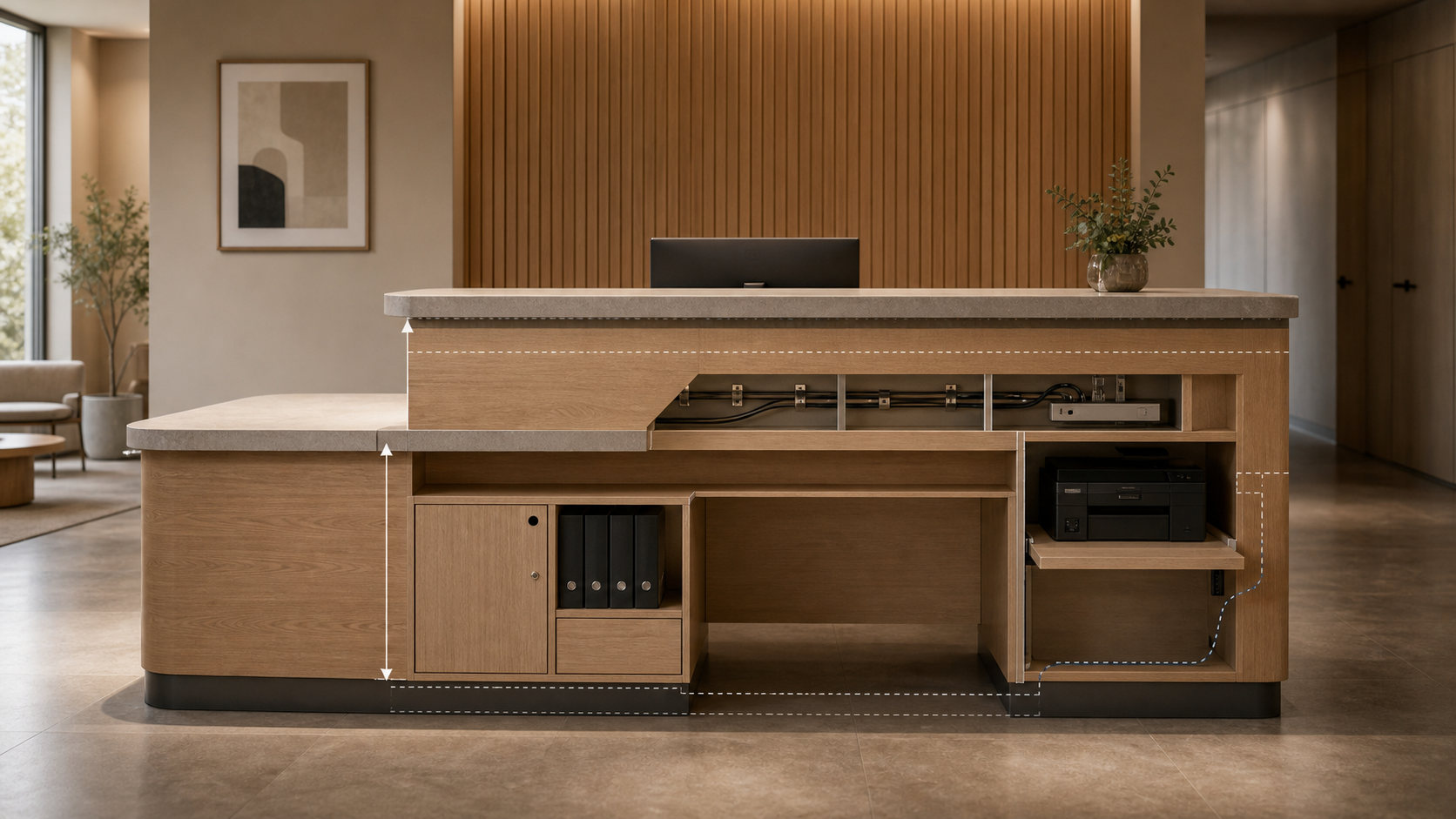 Editorial furniture-planning image for custom reception desk
