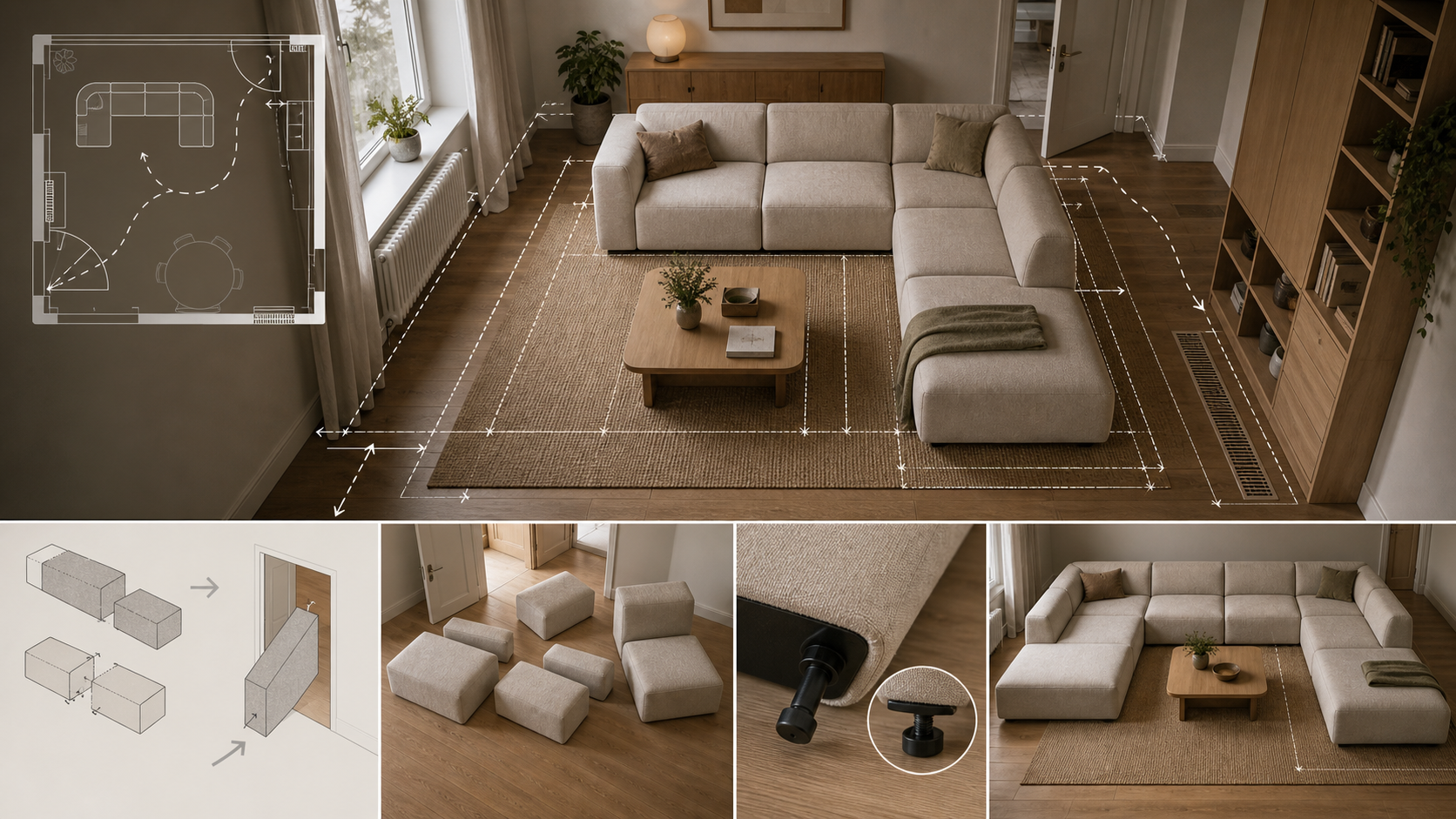 Editorial furniture-planning image for custom sectional