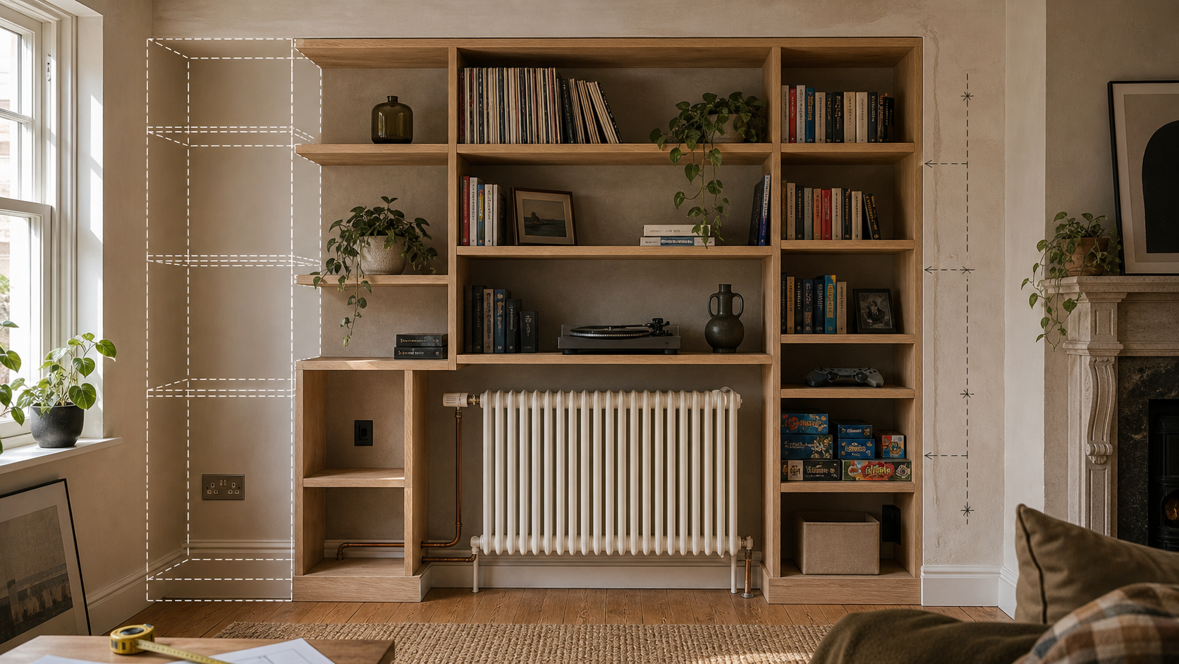 Custom shelving built around a radiator pipe, socket, and uneven wall