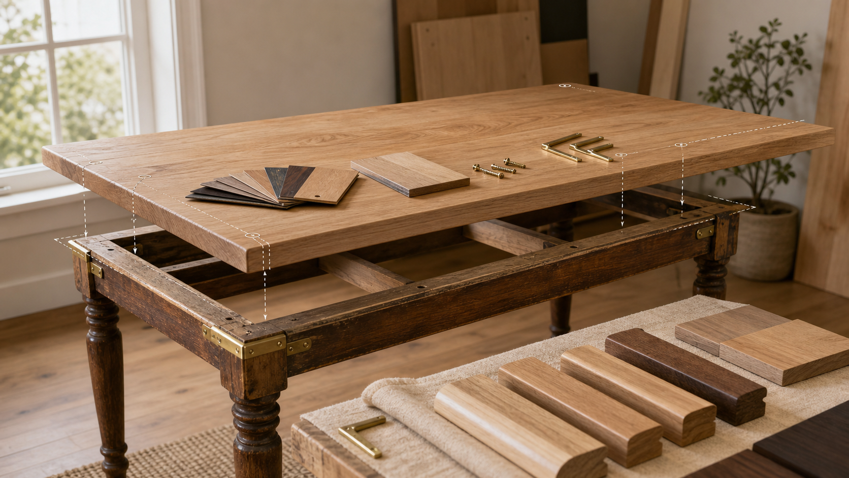 Editorial furniture-planning image for custom table top