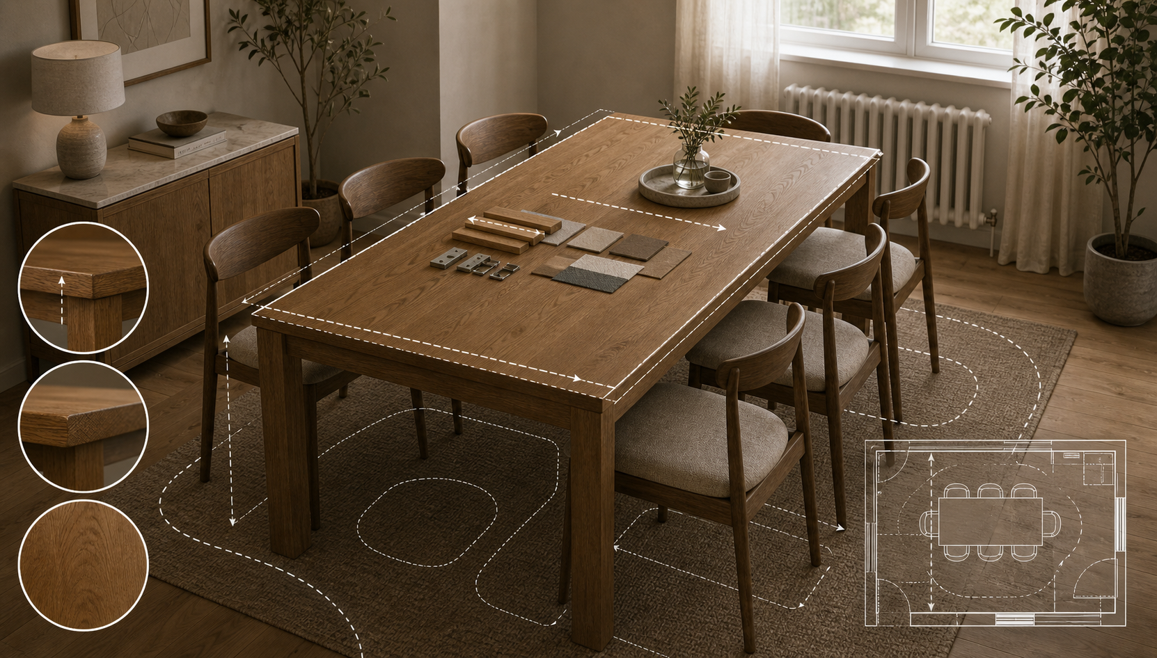 Editorial furniture-planning image for custom table