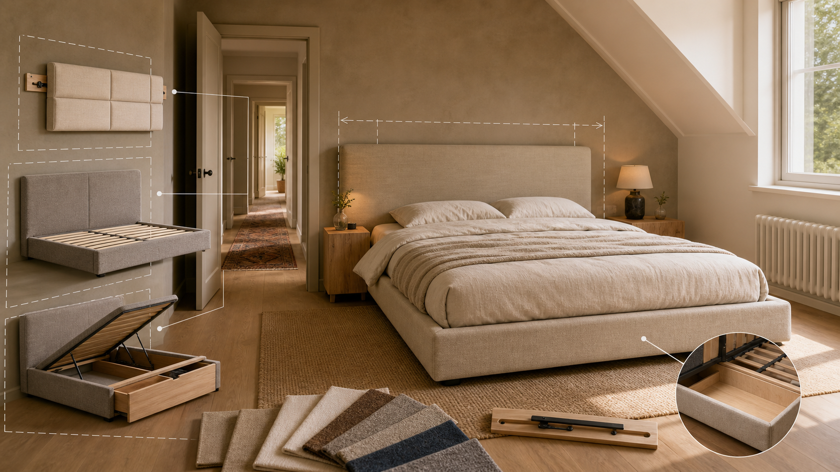 Custom upholstered bed and headboard options planned for a sloped bedroom