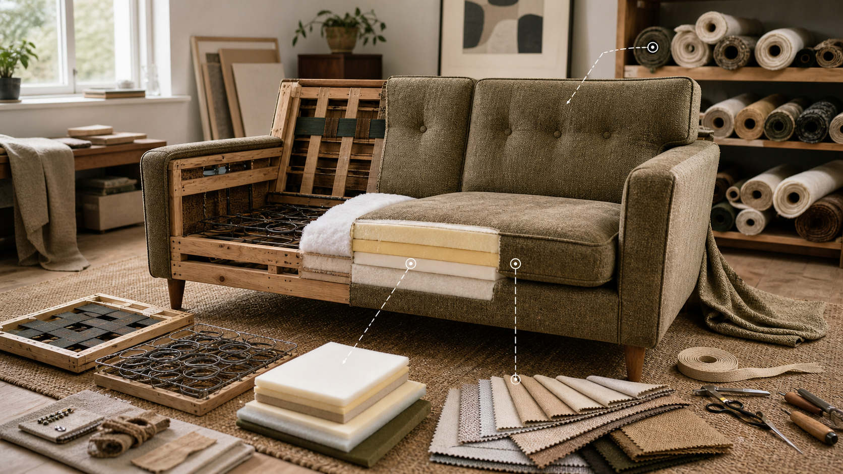 Worn sofa assessed for custom upholstery with fabric, foam, and frame details