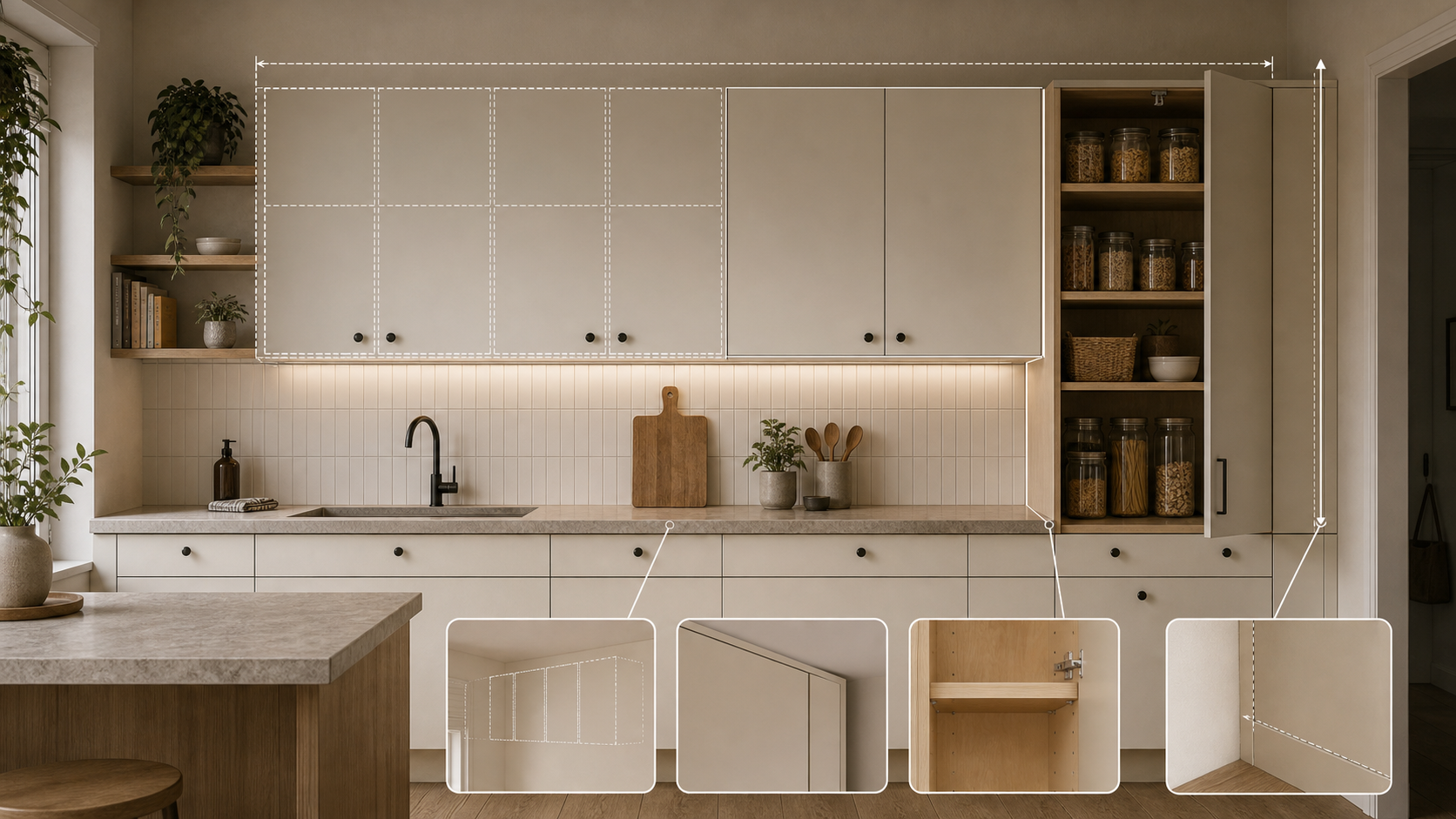 Editorial furniture-planning image for custom wall cabinets