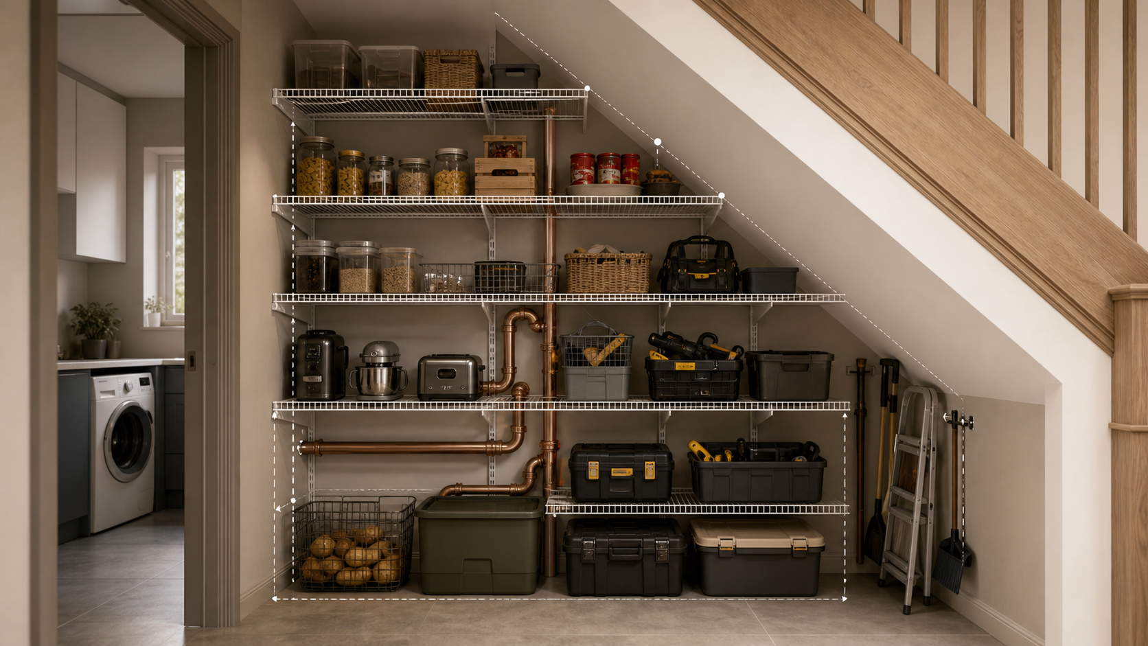 Editorial furniture-planning image for custom wire shelving