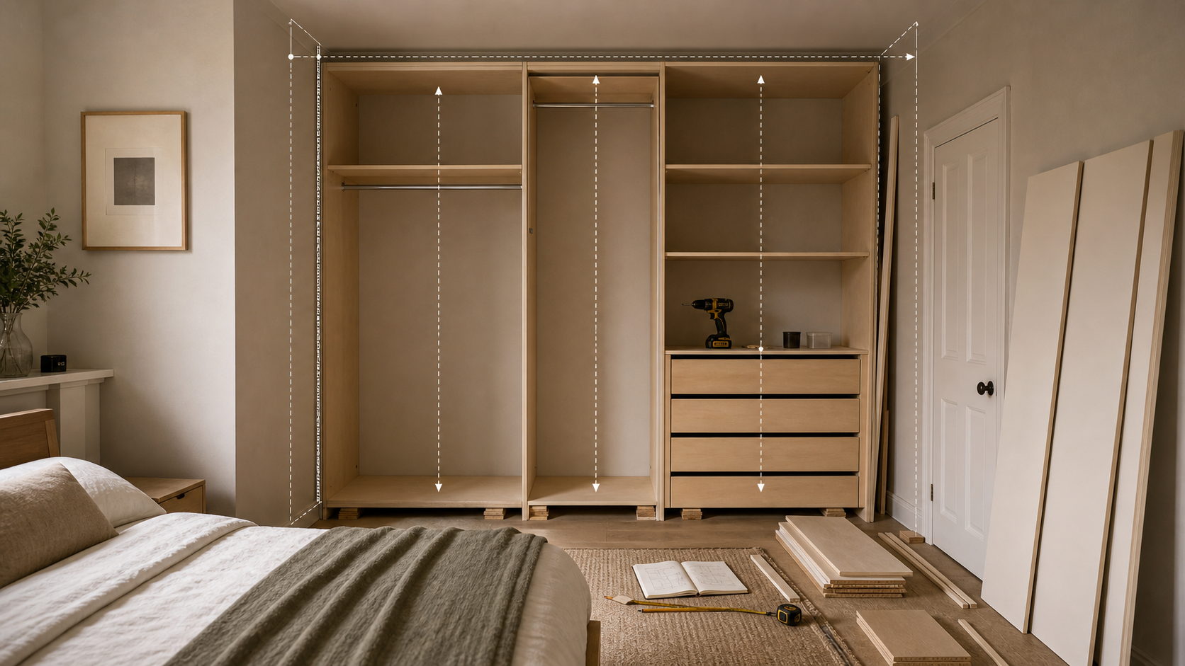 Editorial furniture-planning image for diy built in wardrobes