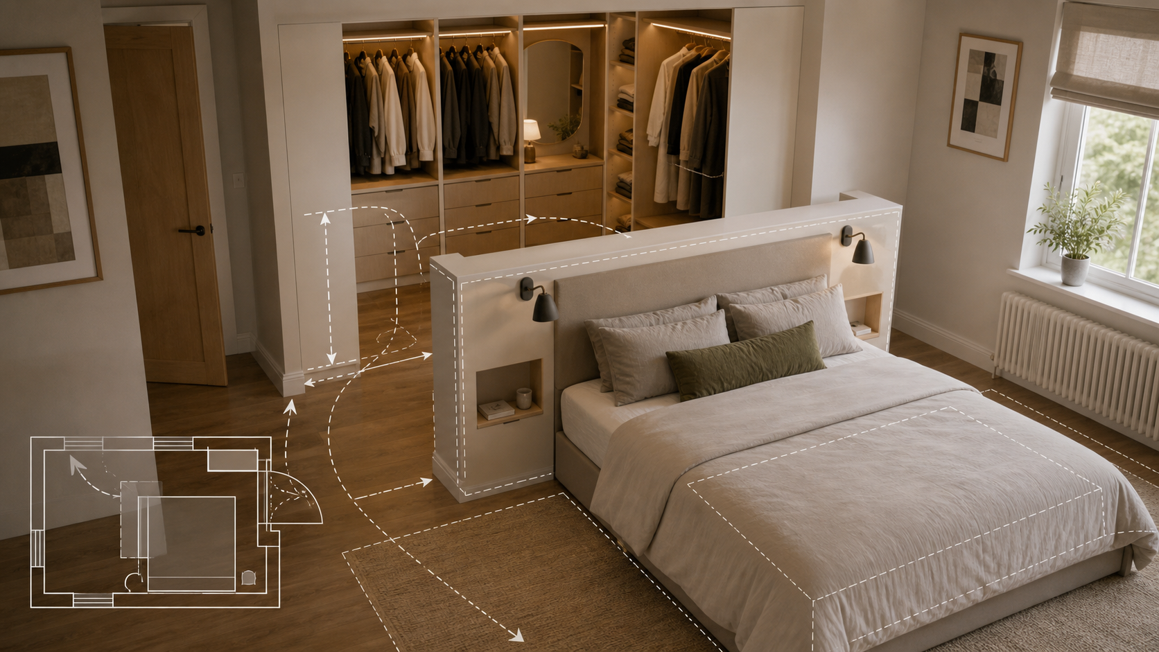 Editorial furniture-planning image for fitted dressing rooms