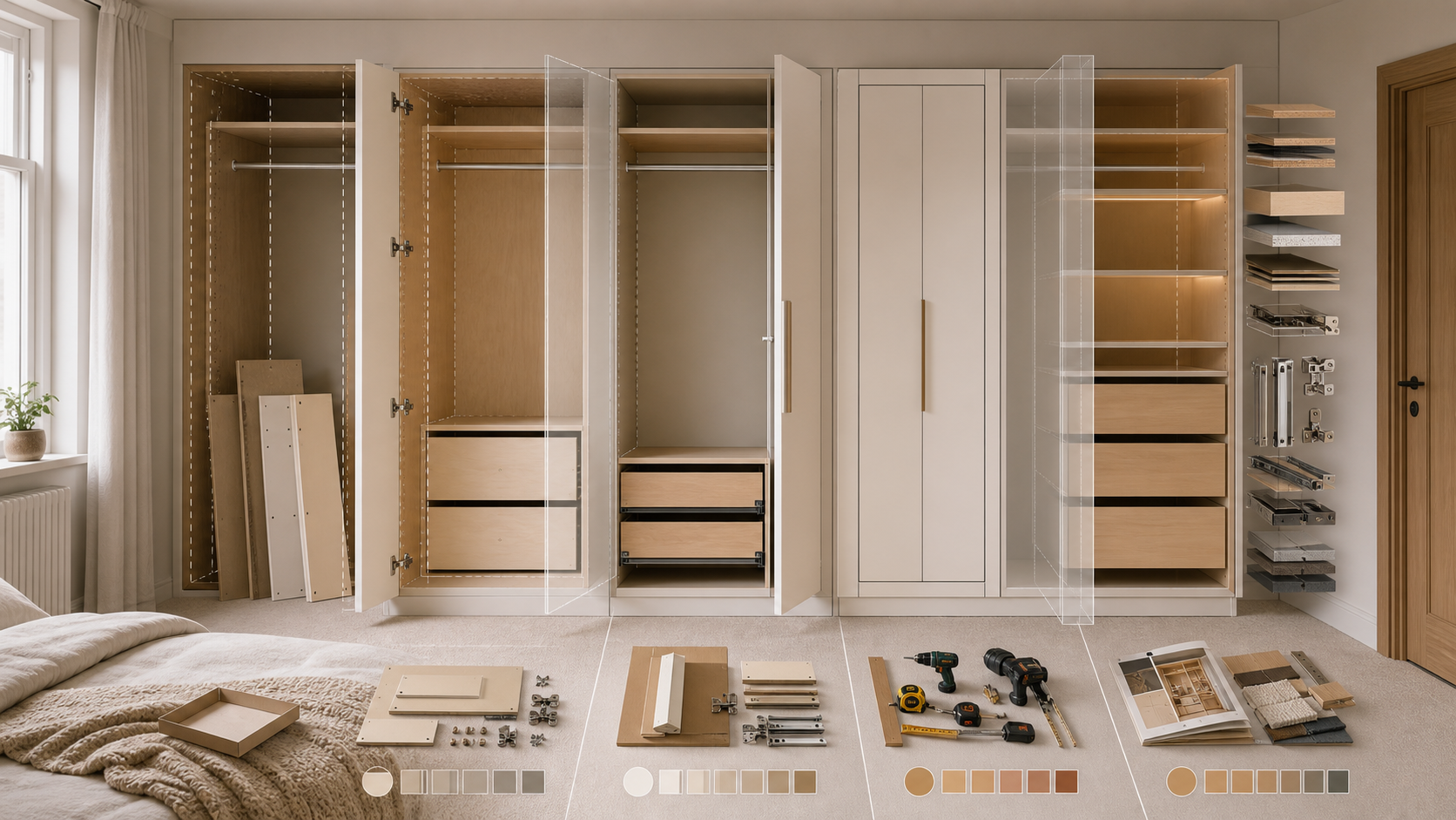 Fitted wardrobe shown as material, hardware, and installation cost layers