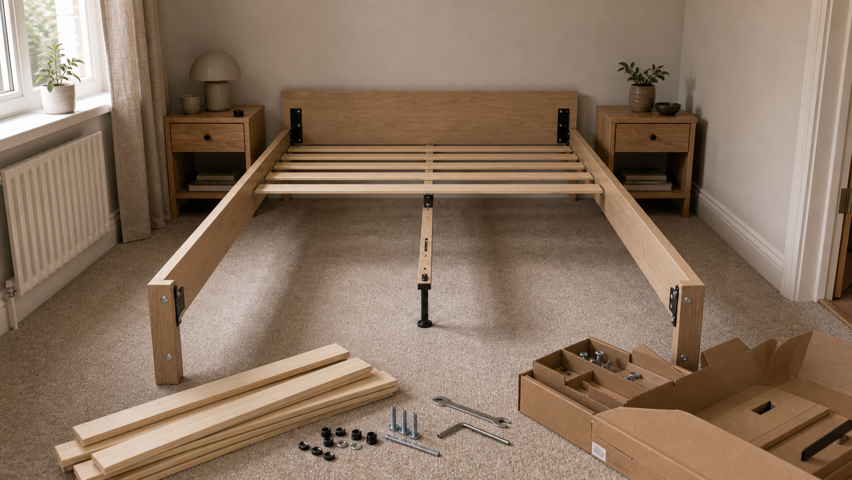 Editorial furniture-planning image for flat pack bed frame
