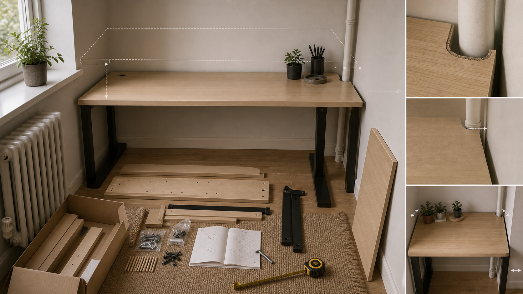 Editorial furniture-planning image for flat pack desk