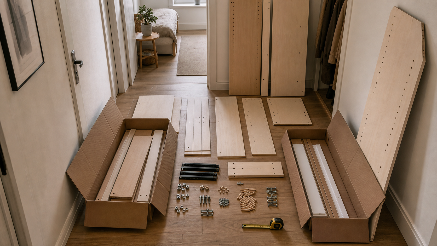 Flat-pack furniture panels and hardware laid out in a narrow apartment hallway