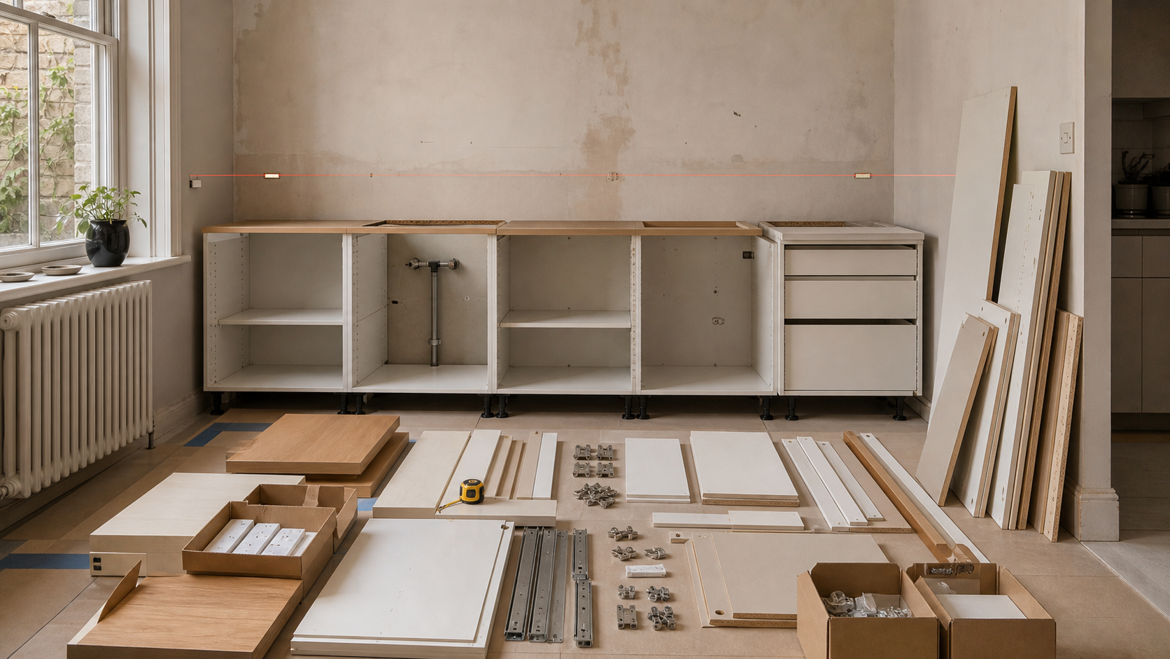 Flat-pack kitchen unit panels, hardware, and filler strips arranged for installation