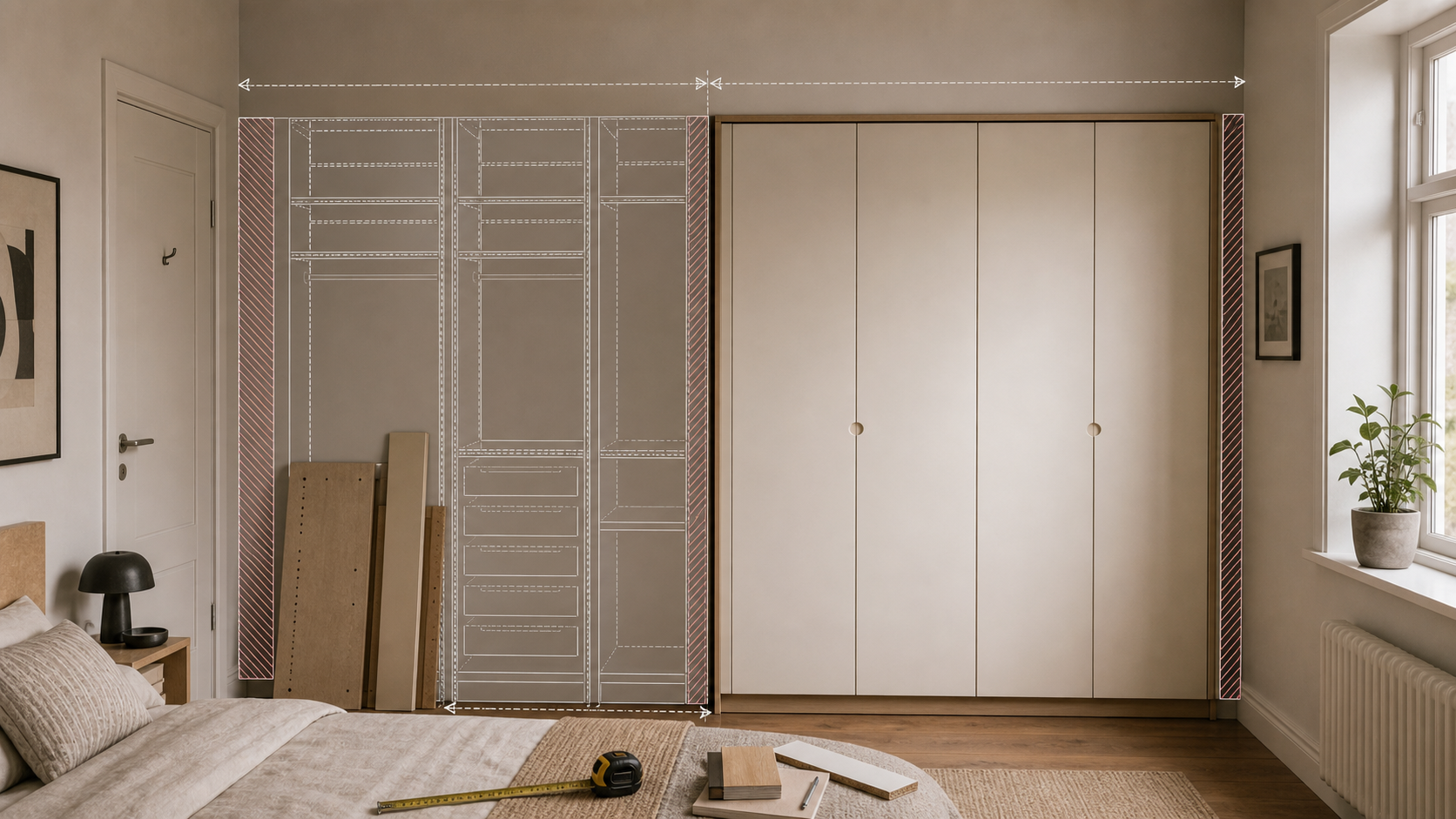 Made-to-measure wardrobe solving the gaps left by standard flat-pack modules