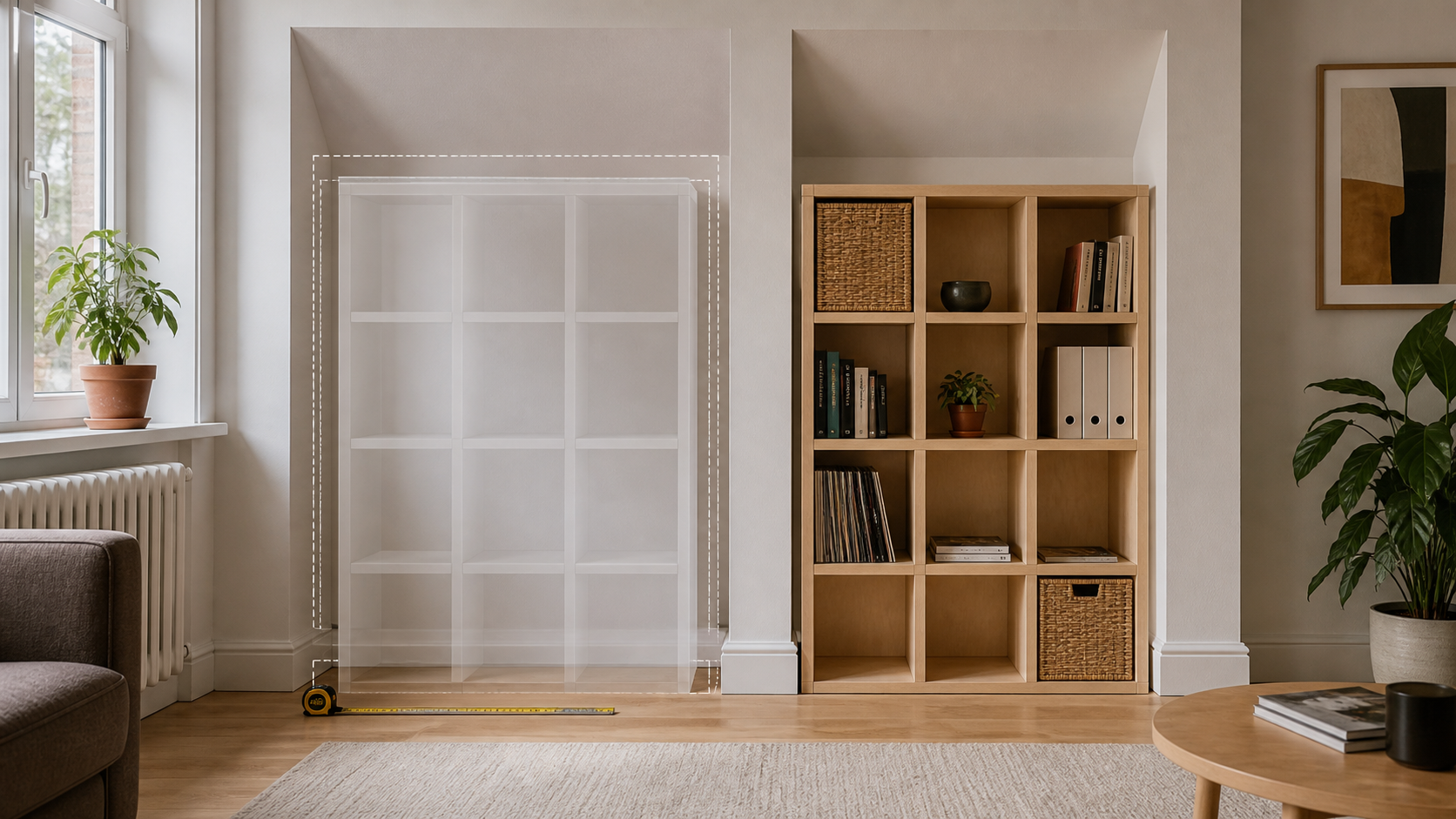 Made-to-measure cube shelving fitted into an alcove where a standard unit misses